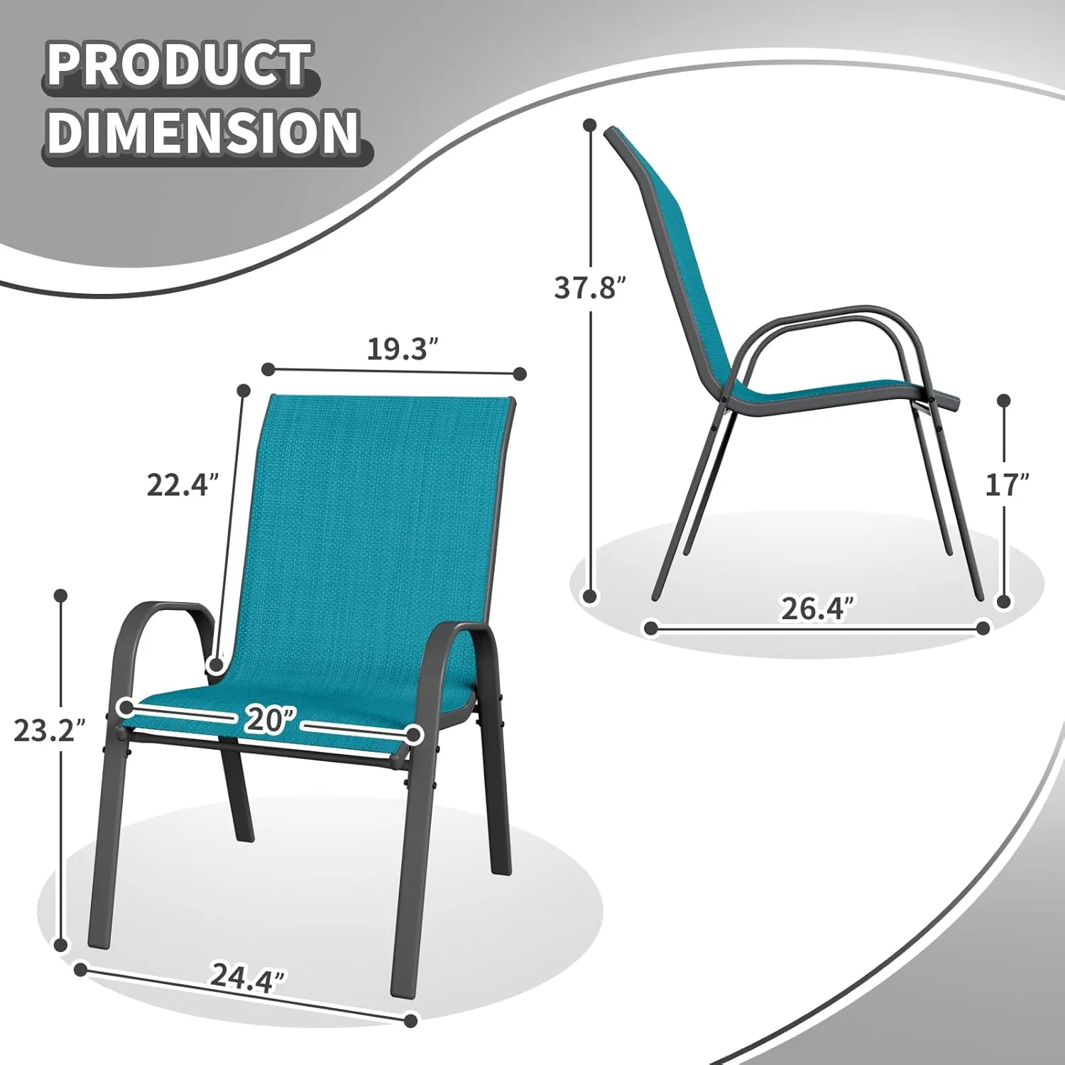Patio Dining Chairs Set of 4, Stackable Dining Chairs High Back, Breathable Seat Fabric and Alloy Steel Frame Fit Backyard, Porch, Lawn，Poolside (Sky Blue)