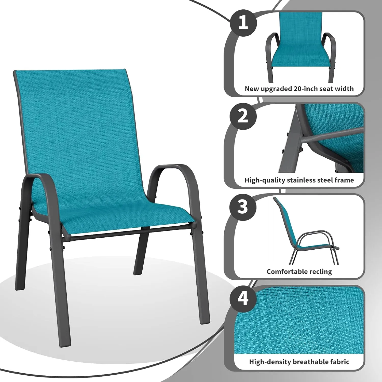 Patio Dining Chairs Set of 4, Stackable Dining Chairs High Back, Breathable Seat Fabric and Alloy Steel Frame Fit Backyard, Porch, Lawn，Poolside (Sky Blue)