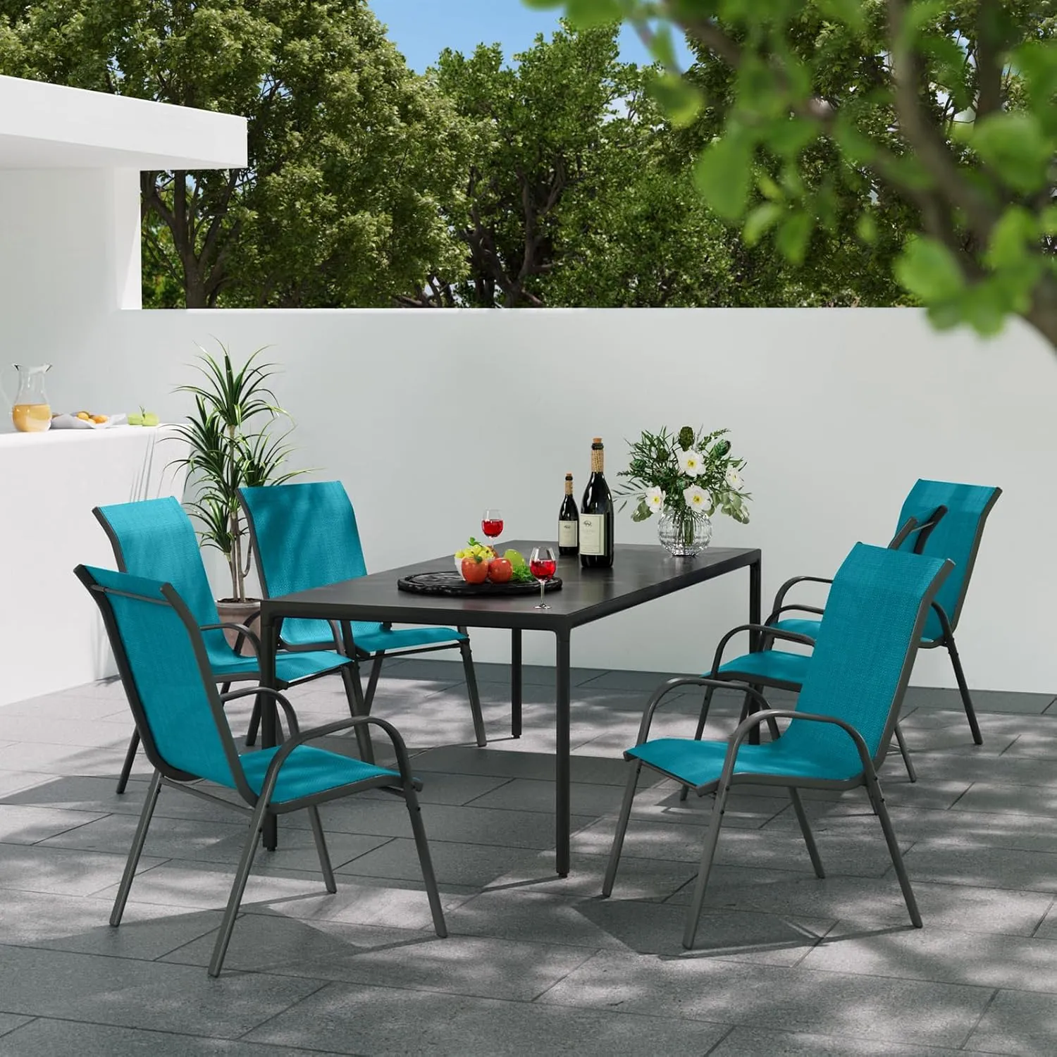 Patio Dining Chairs Set of 4, Stackable Dining Chairs High Back, Breathable Seat Fabric and Alloy Steel Frame Fit Backyard, Porch, Lawn，Poolside (Sky Blue)