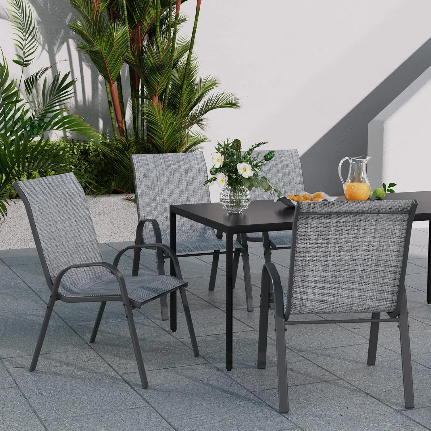Patio Dining Chairs Set of 4, Stackable Dining Chairs High Back, Breathable Seat Fabric and Alloy Steel Frame for Backyard, Porch, Garden, Sunroom (Grey)
