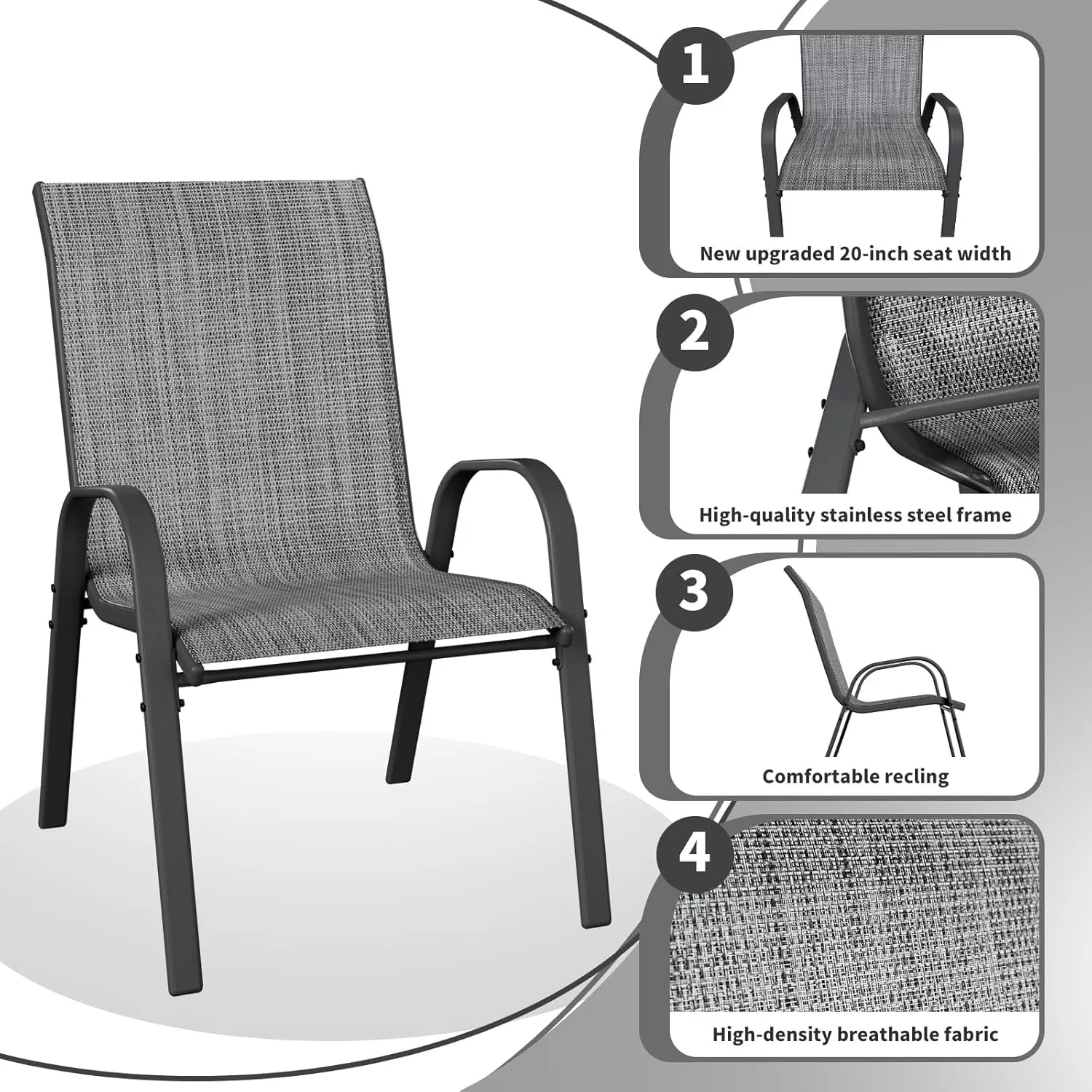Patio Dining Chairs Set of 4, Stackable Dining Chairs High Back, Breathable Seat Fabric and Alloy Steel Frame for Backyard, Porch, Garden, Sunroom (Grey)