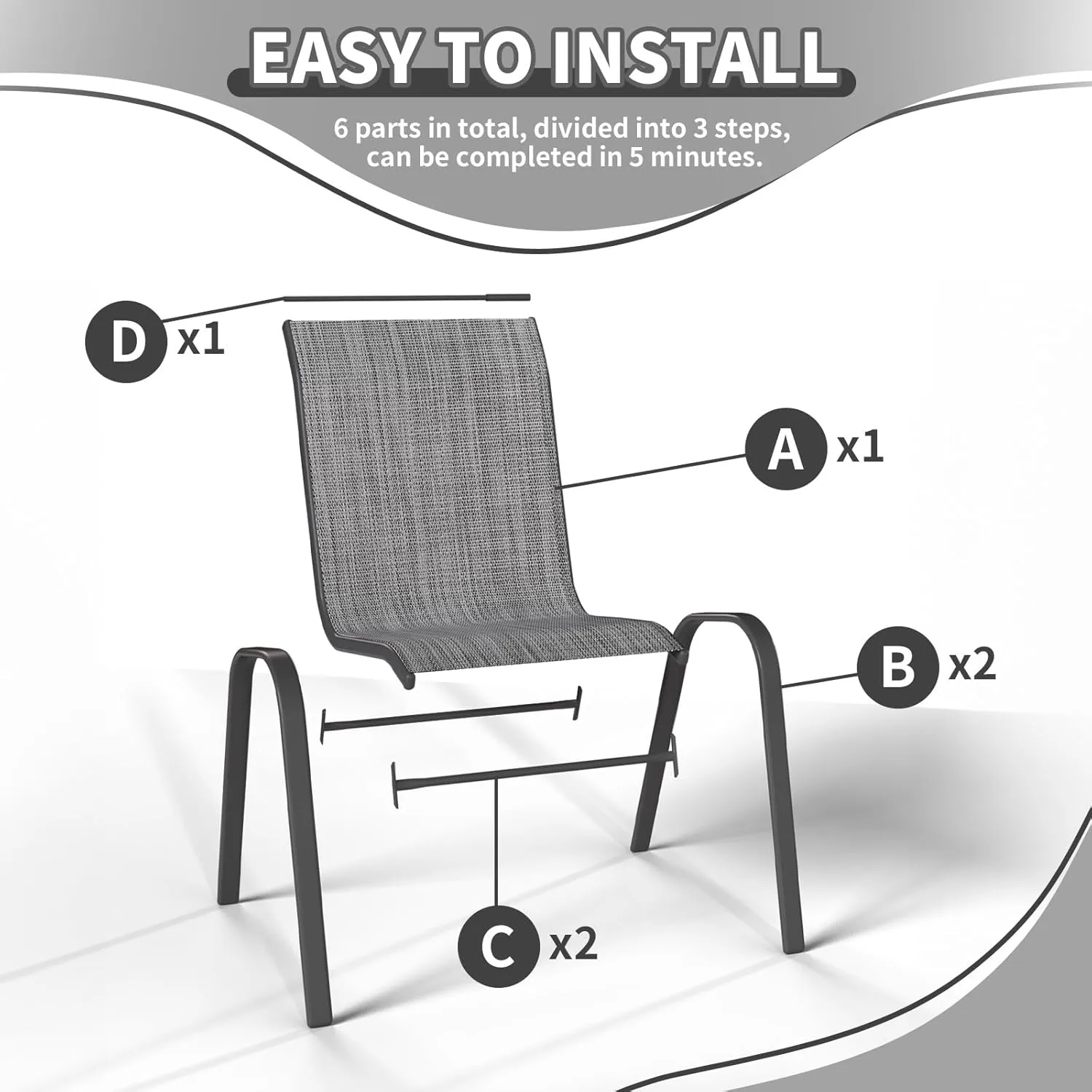 Patio Dining Chairs Set of 4, Stackable Dining Chairs High Back, Breathable Seat Fabric and Alloy Steel Frame for Backyard, Porch, Garden, Sunroom (Grey)