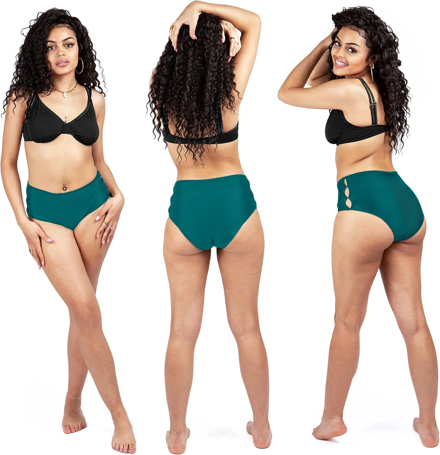 Period Swimwear - Black Menstrual Leakproof Bikini Bottom - Slotted High Waisted Swim Bottoms for Teens, Girls, Women
