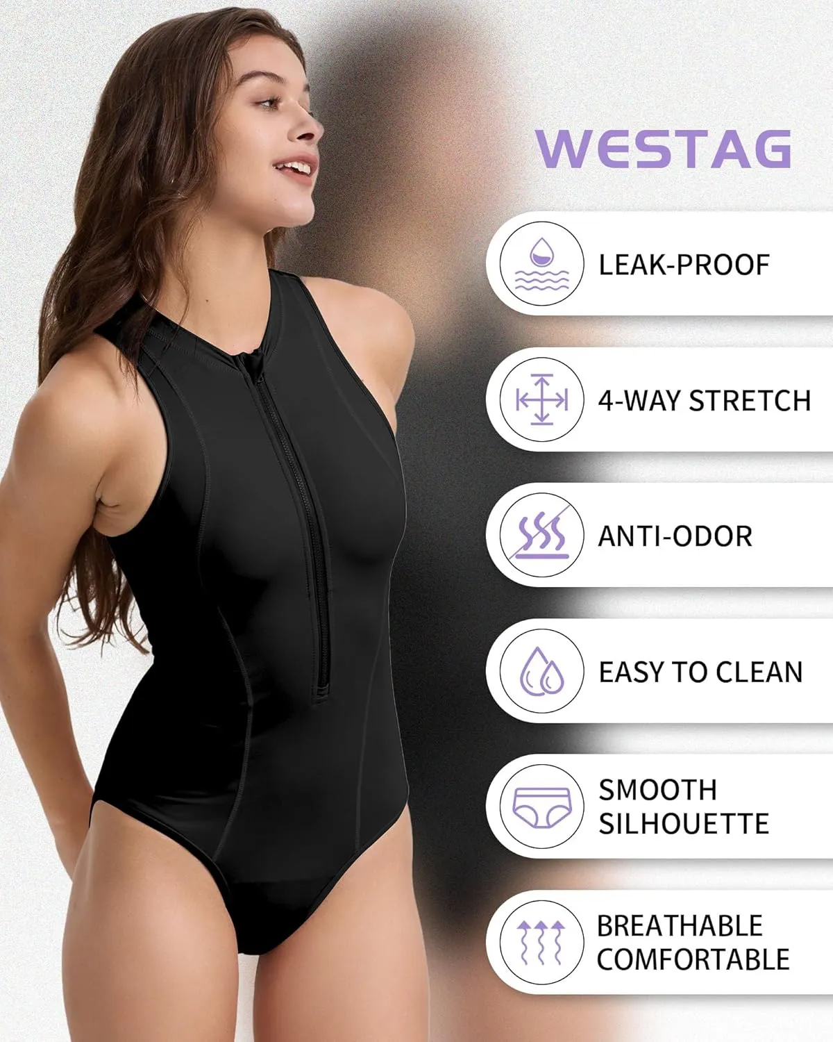 Period Swimwear One Piece Swimsuits Menstrual Sports Leakproof Zipper Bathing Suit for Teens Girls