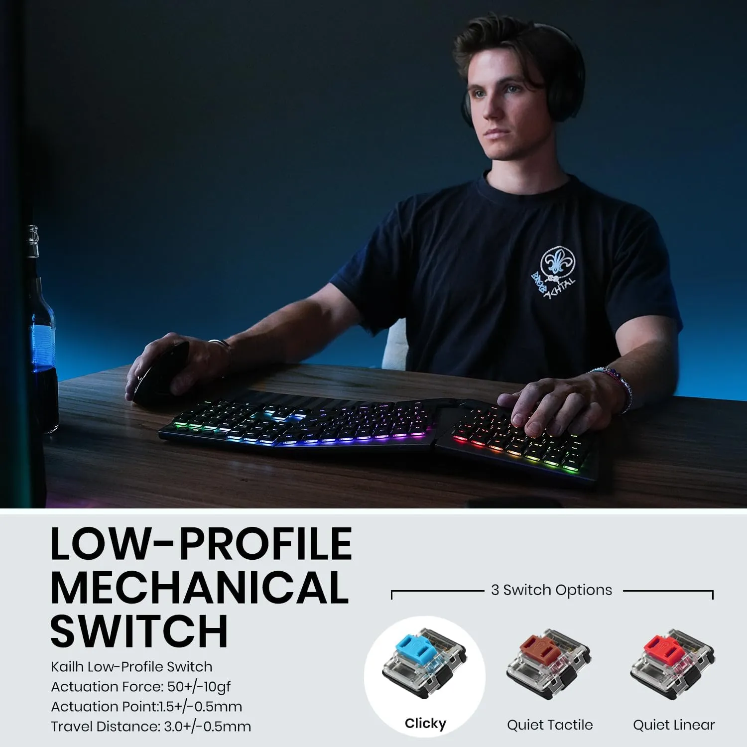 Perixx PERIBOARD-835BL Wireless Ergonomic Mechanical Keyboard - RGB Backlit - Low-Profile Blue Clicky Switches - Multi-Device Connection - Compatible with Windows and Mac OS X - US English