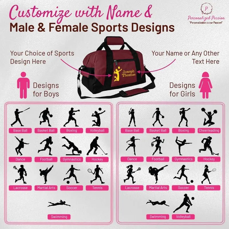 Personalized Passion Small Sports Duffel Bags for Kids - 14” Waterproof Travel Duffle with Embroidered Name & Baseball Design - Black Two-Toned Kids Weekender Bag for Boys and Girls