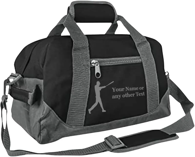 Personalized Passion Small Sports Duffel Bags for Kids - 14” Waterproof Travel Duffle with Embroidered Name & Baseball Design - Black/Gray Two-Toned Kids Weekender Bag for Boys and Girls