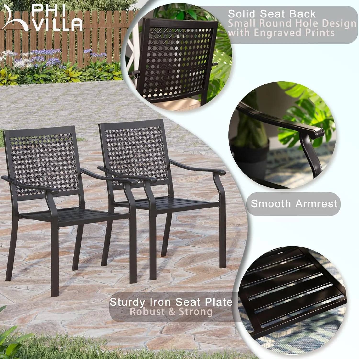 PHI VILLA 5-Piece Outdoor Meal Set for 4: Square Wrought Iron Table & Stackable Chairs, Heavy-Duty Dining Furniture for Patio, Deck, Backyard, Porch