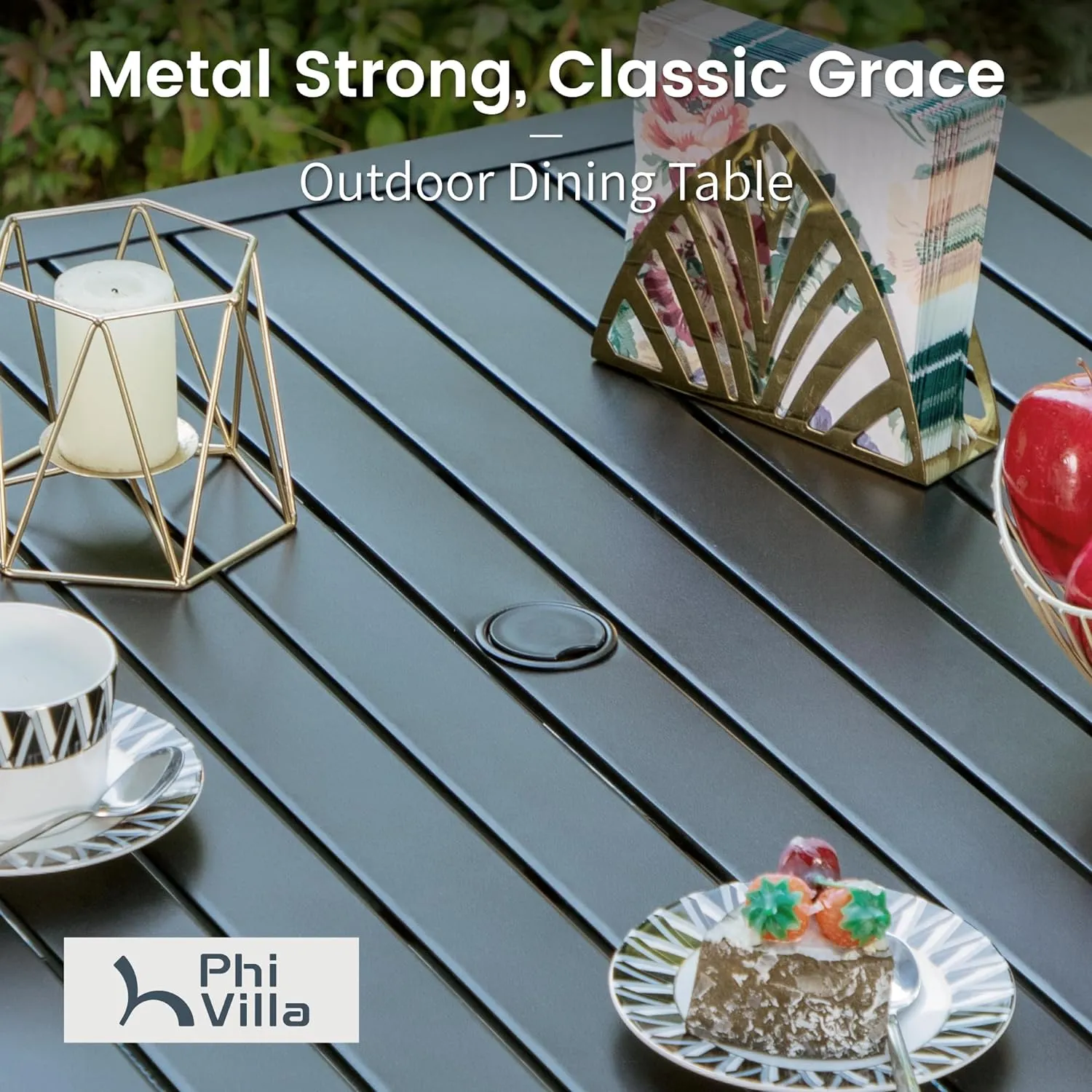 PHI VILLA 5-Piece Outdoor Meal Set for 4: Square Wrought Iron Table & Stackable Chairs, Heavy-Duty Dining Furniture for Patio, Deck, Backyard, Porch