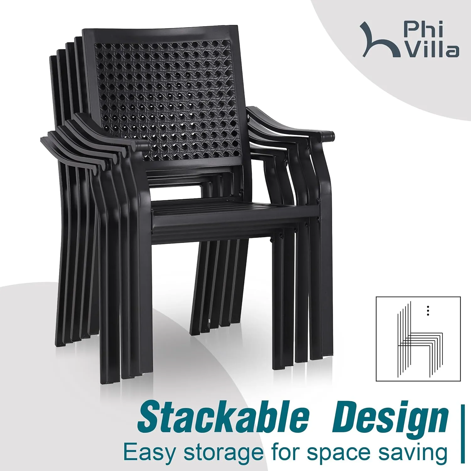 PHI VILLA 5-Piece Outdoor Meal Set for 4: Square Wrought Iron Table & Stackable Chairs, Heavy-Duty Dining Furniture for Patio, Deck, Backyard, Porch