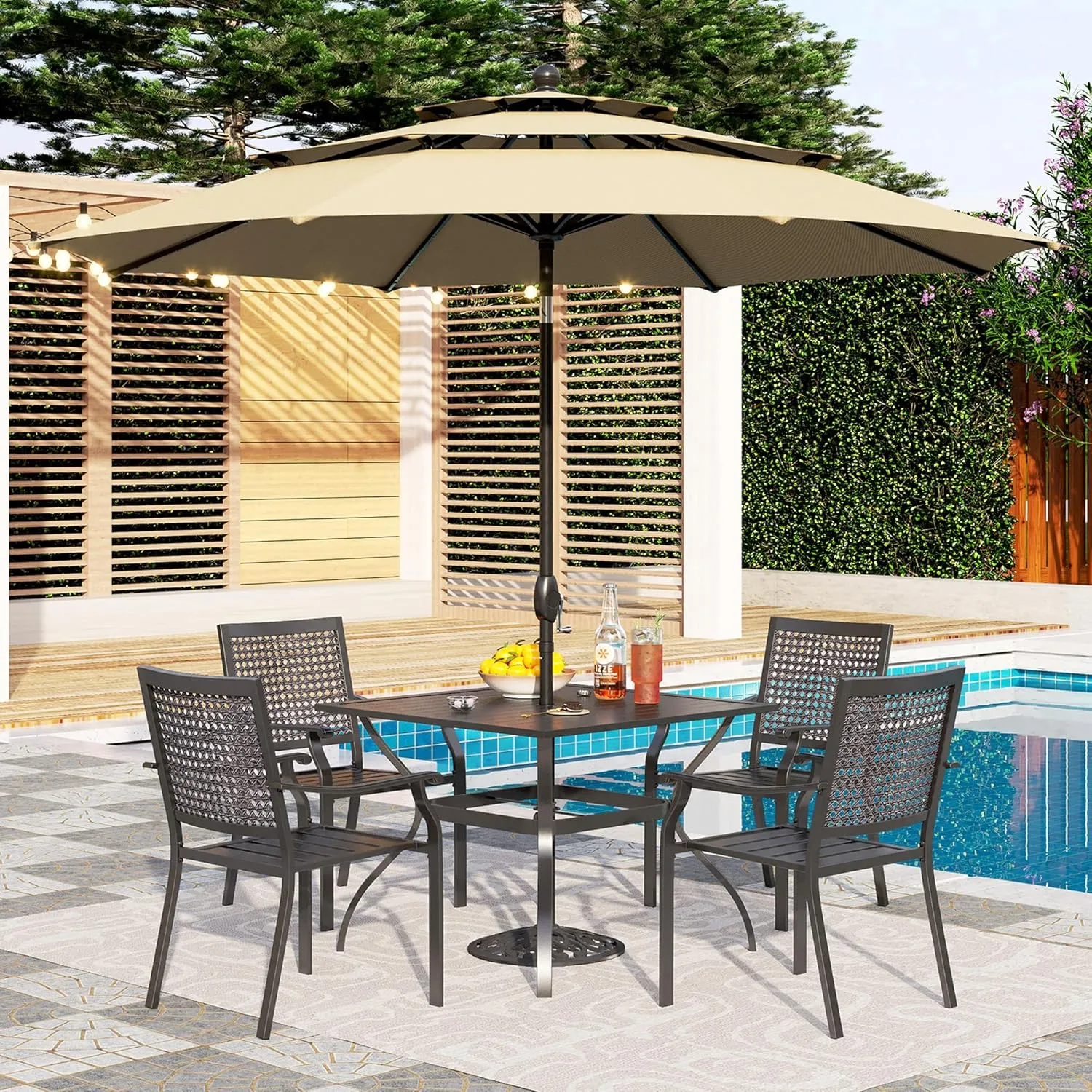 PHI VILLA 5-Piece Outdoor Meal Set for 4: Square Wrought Iron Table & Stackable Chairs, Heavy-Duty Dining Furniture for Patio, Deck, Backyard, Porch