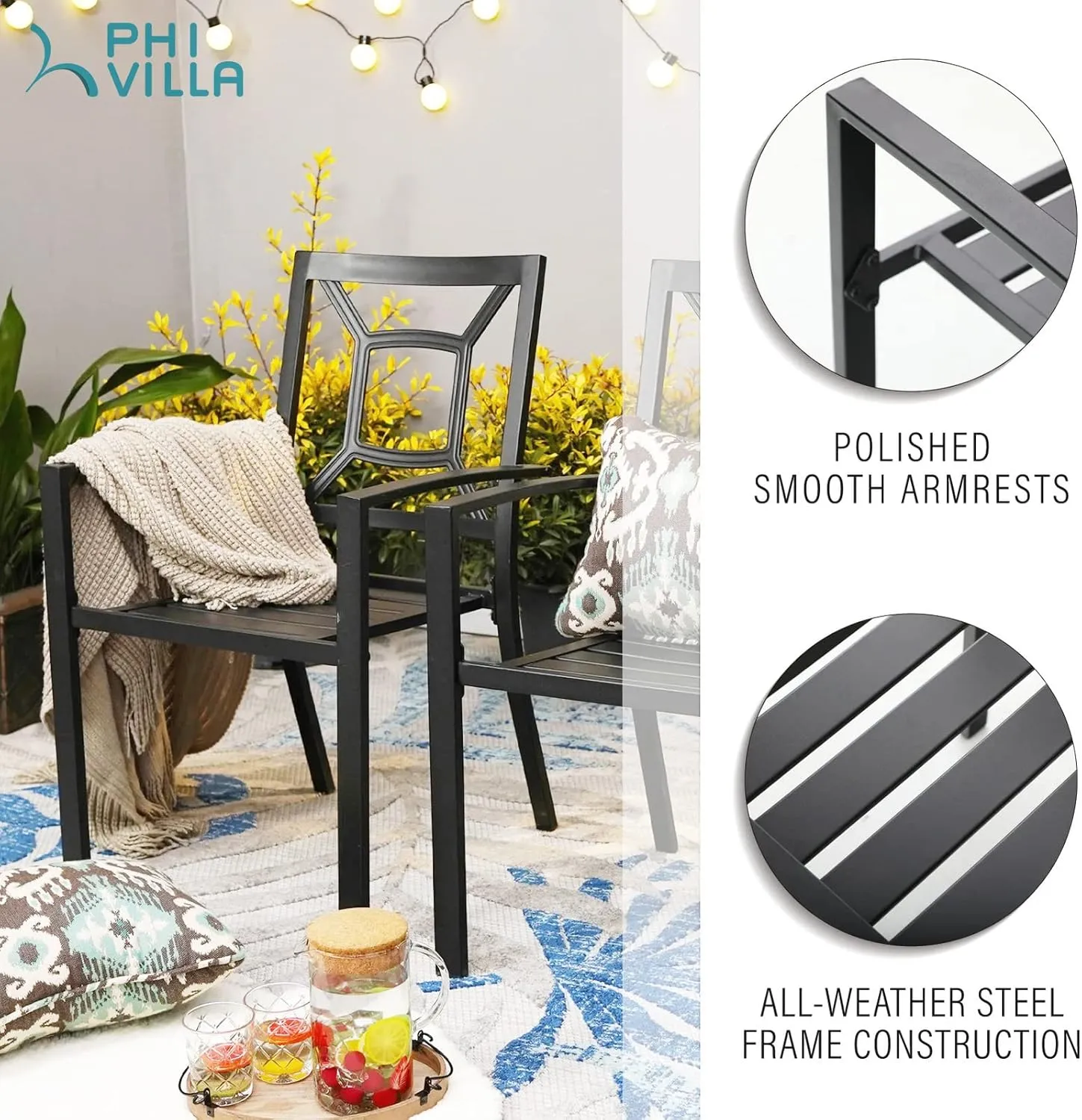 PHI VILLA 6-Piece Patio Metal Dining Chairs, Stackable Outdoor Wrought Iron Seating, Bistro Chairs for Garden, Backyard, Lawn, Supports 300 lb, Black