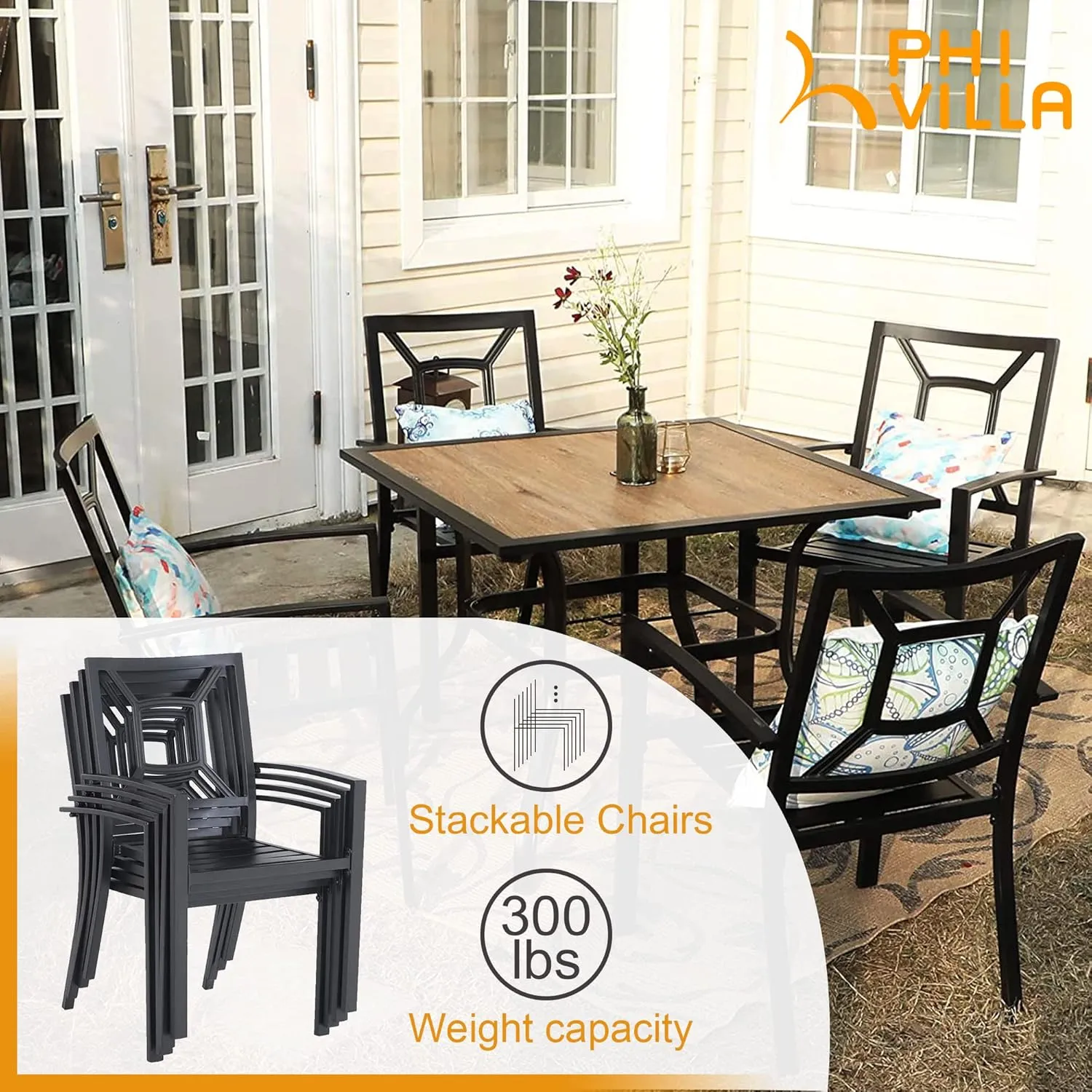 PHI VILLA 6-Piece Patio Metal Dining Chairs, Stackable Outdoor Wrought Iron Seating, Bistro Chairs for Garden, Backyard, Lawn, Supports 300 lb, Black