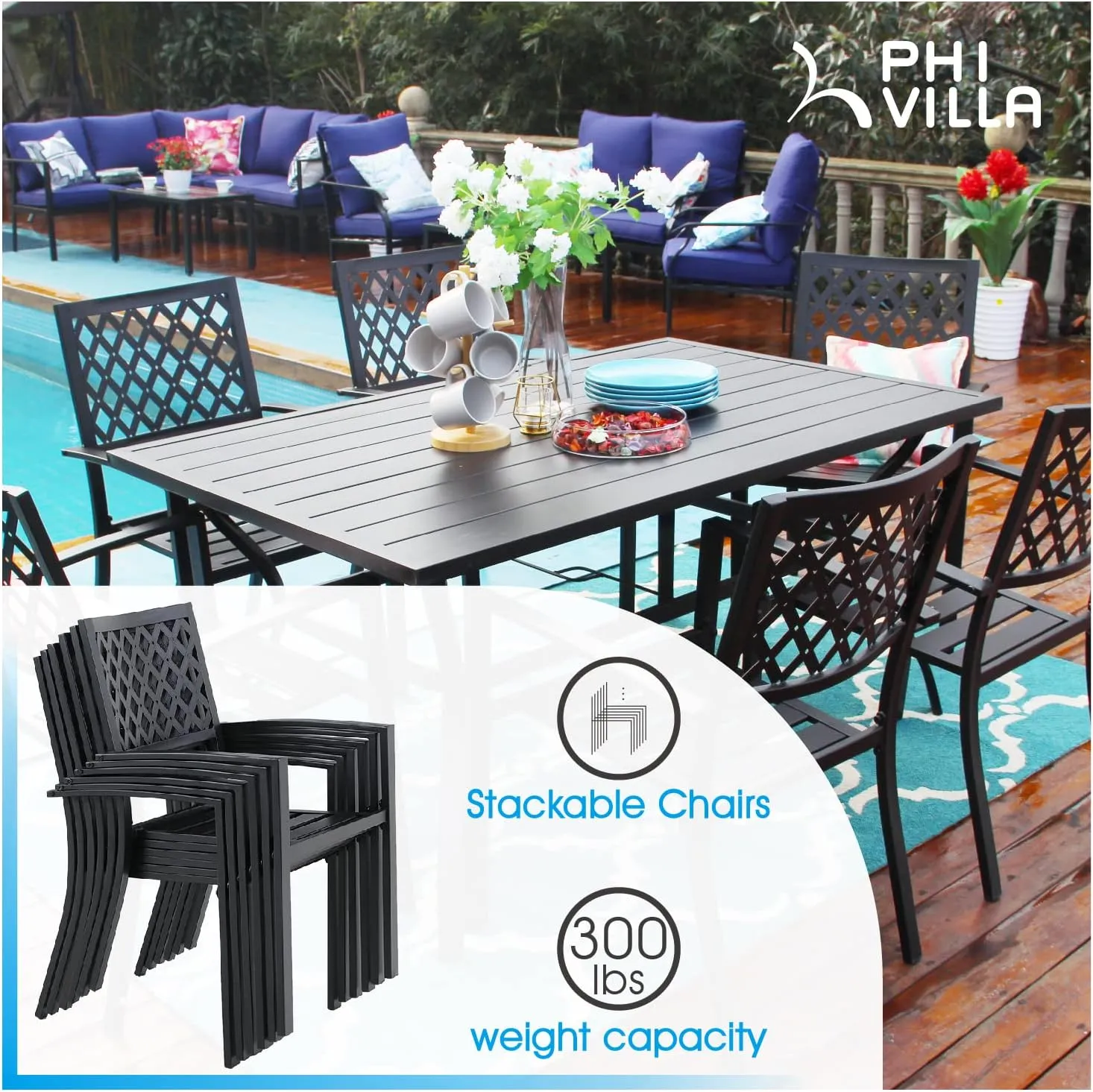 PHI VILLA Metal Outdoor Dining Chairs Set of 4 - Stackable Black Patio Chairs, 300lb Capacity (Diamond)