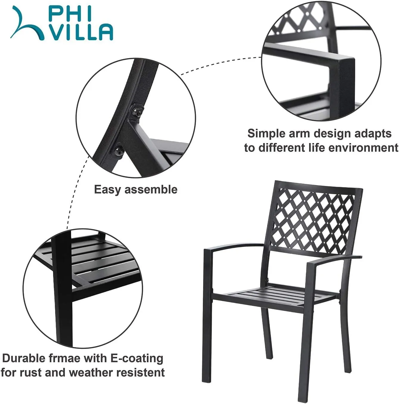 PHI VILLA Metal Outdoor Dining Chairs Set of 4 - Stackable Black Patio Chairs, 300lb Capacity (Diamond)