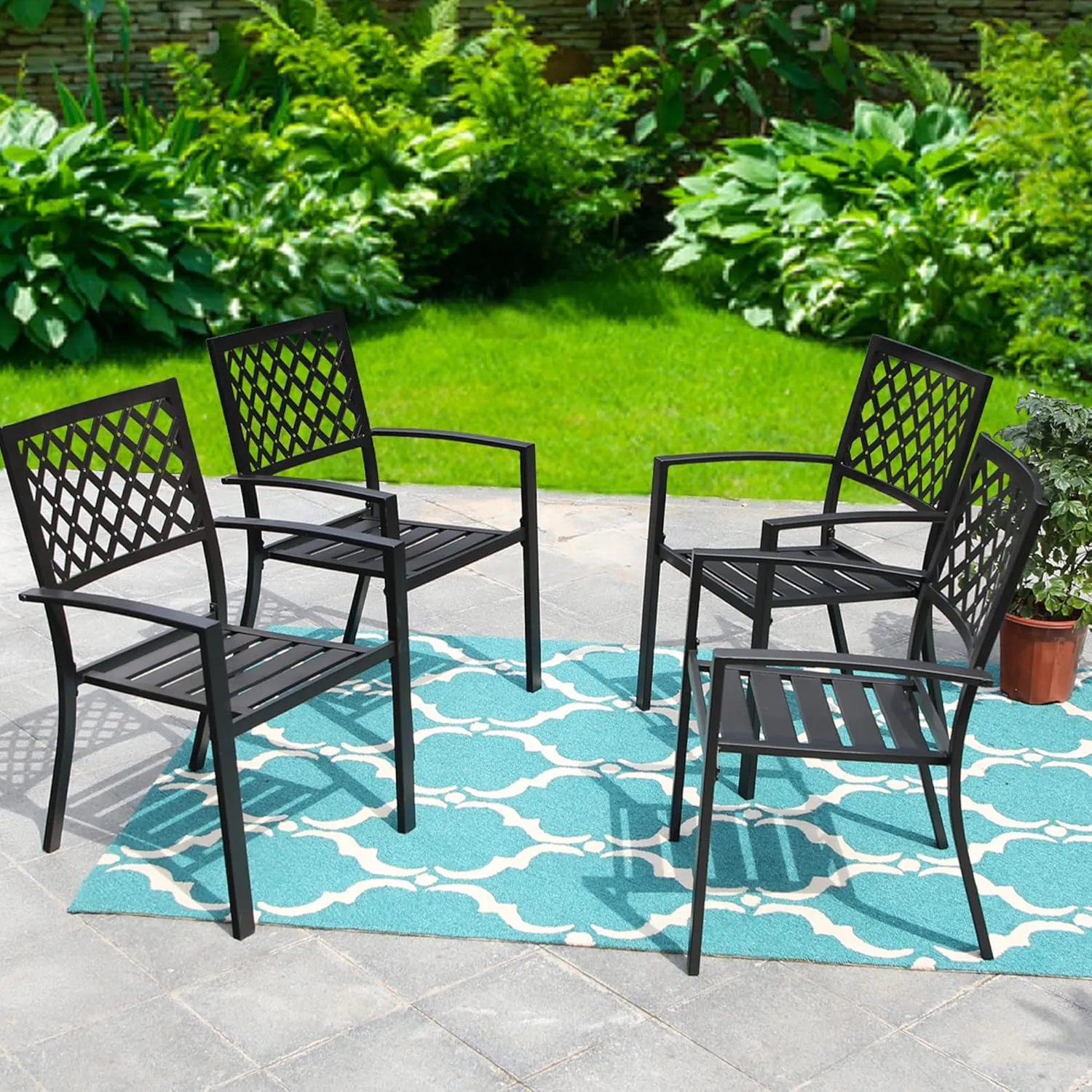 PHI VILLA Metal Outdoor Dining Chairs Set of 4 - Stackable Black Patio Chairs, 300lb Capacity (Diamond)
