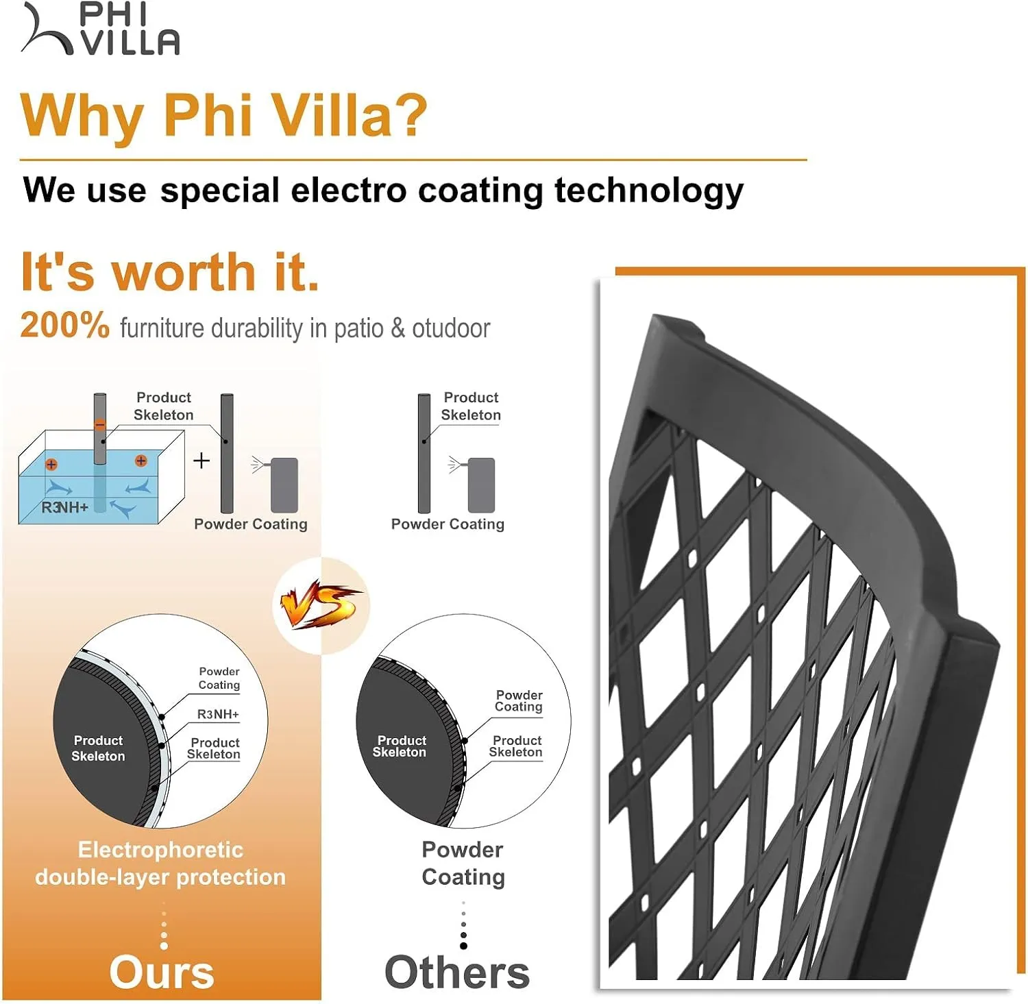 PHI VILLA Metal Outdoor Dining Chairs Set of 4 - Stackable Black Patio Chairs, 300lb Capacity (Diamond)