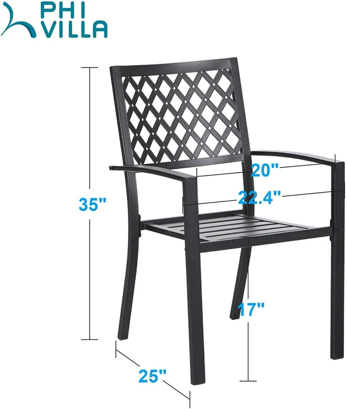 PHI VILLA Metal Outdoor Dining Chairs Set of 4 - Stackable Black Patio Chairs, 300lb Capacity (Diamond)