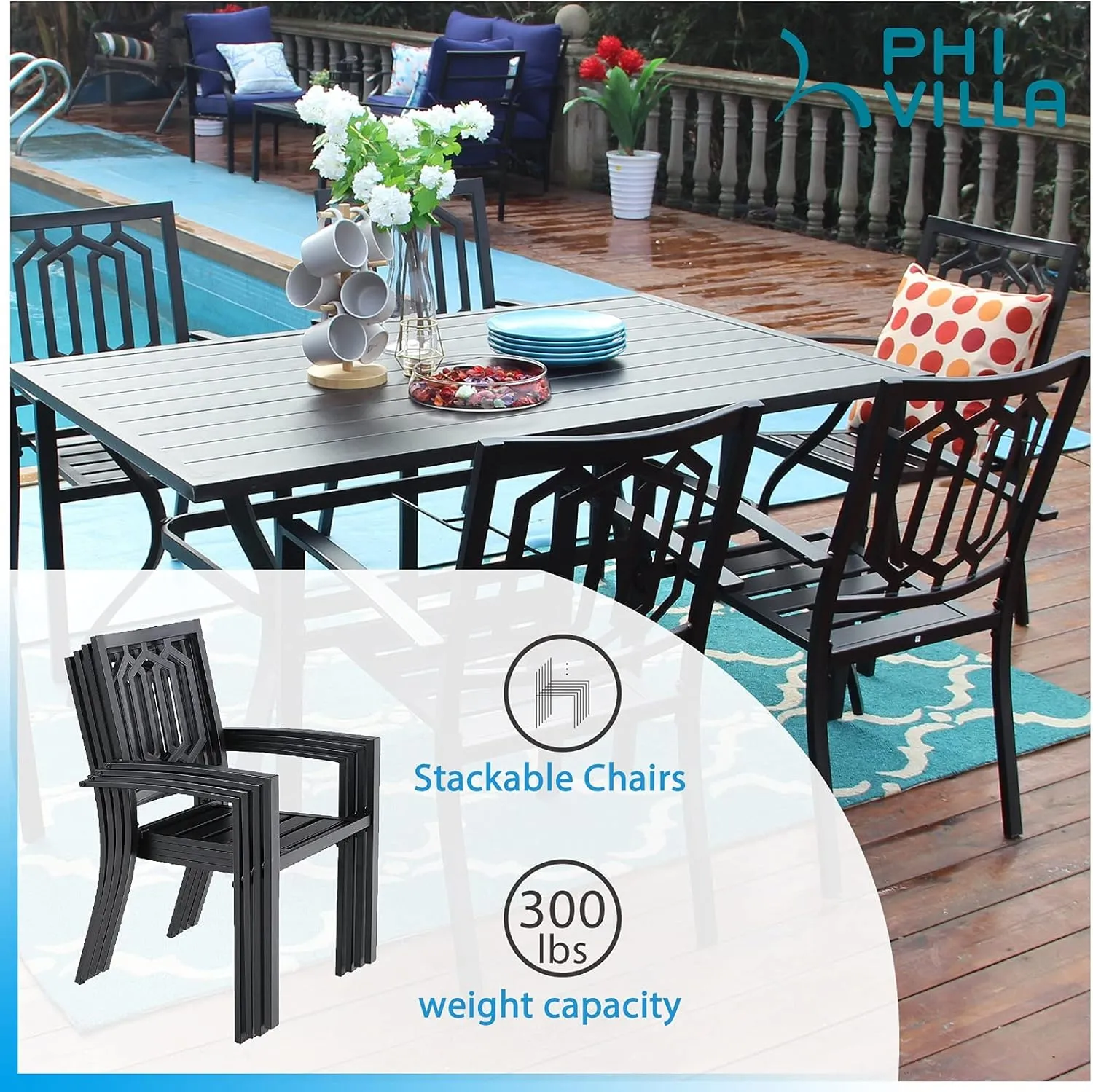PHI VILLA Metal Outdoor Dining Chairs Set of 4 - Stackable Black Patio Chairs, 300lb Capacity (Geometry)