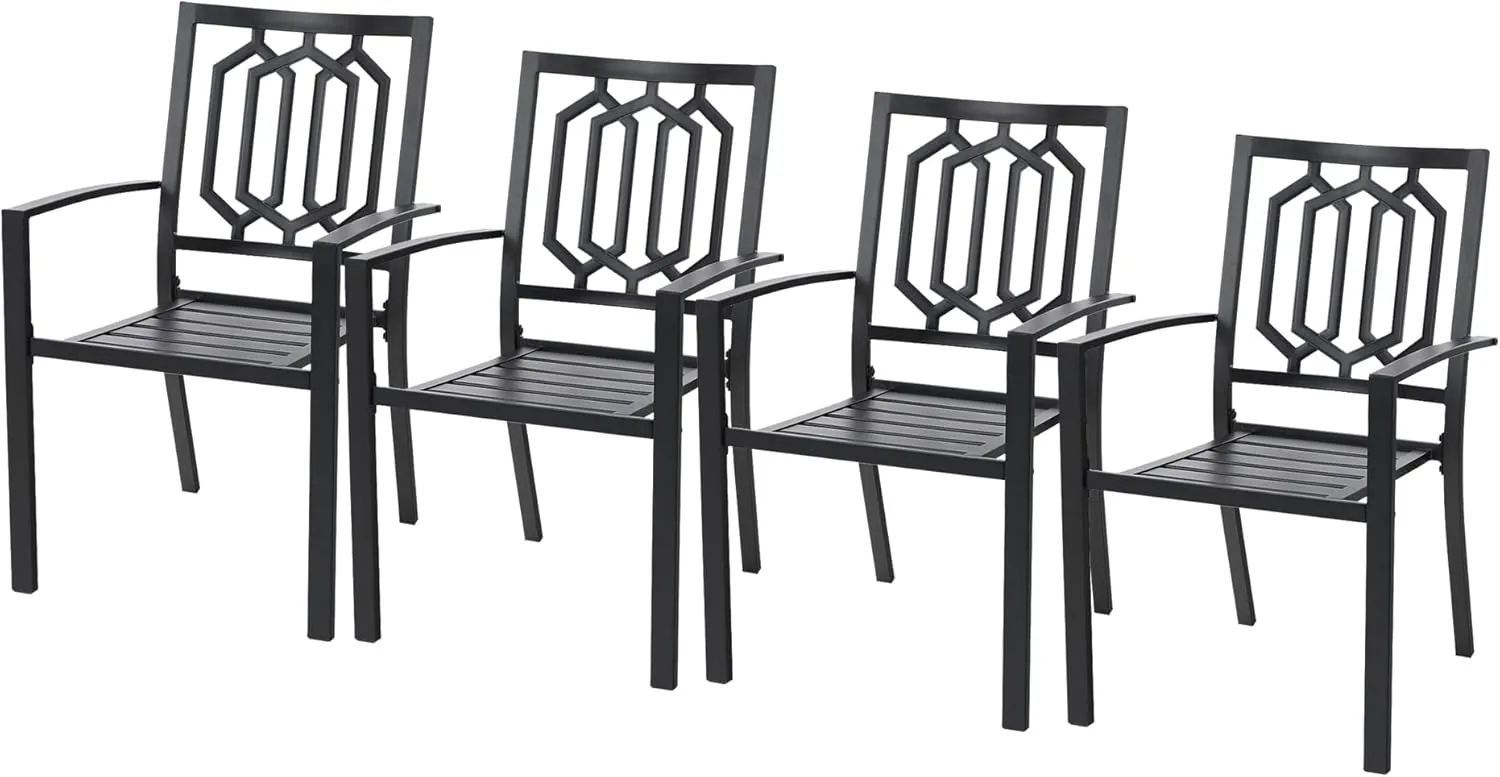 PHI VILLA Metal Outdoor Dining Chairs Set of 4 - Stackable Black Patio Chairs, 300lb Capacity (Geometry)