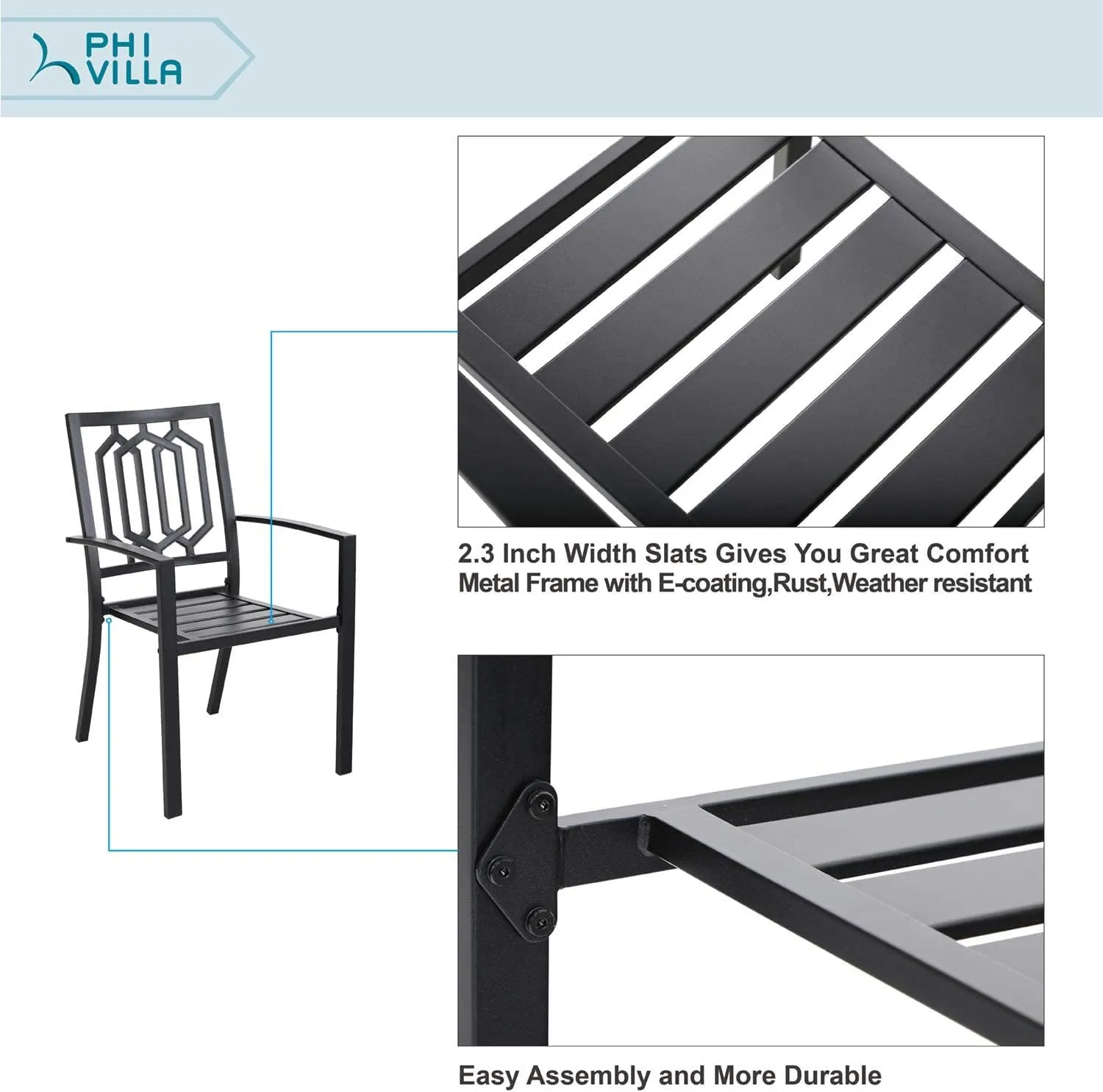 PHI VILLA Metal Outdoor Dining Chairs Set of 4 - Stackable Black Patio Chairs, 300lb Capacity (Geometry)