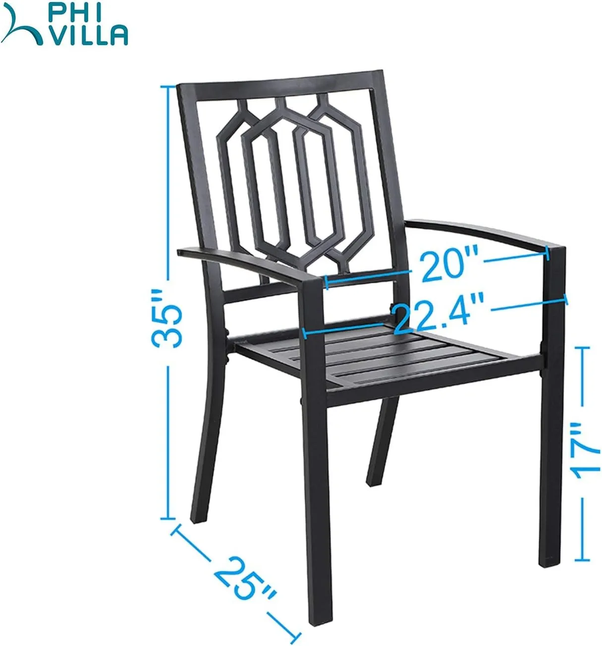 PHI VILLA Metal Outdoor Dining Chairs Set of 4 - Stackable Black Patio Chairs, 300lb Capacity (Geometry)