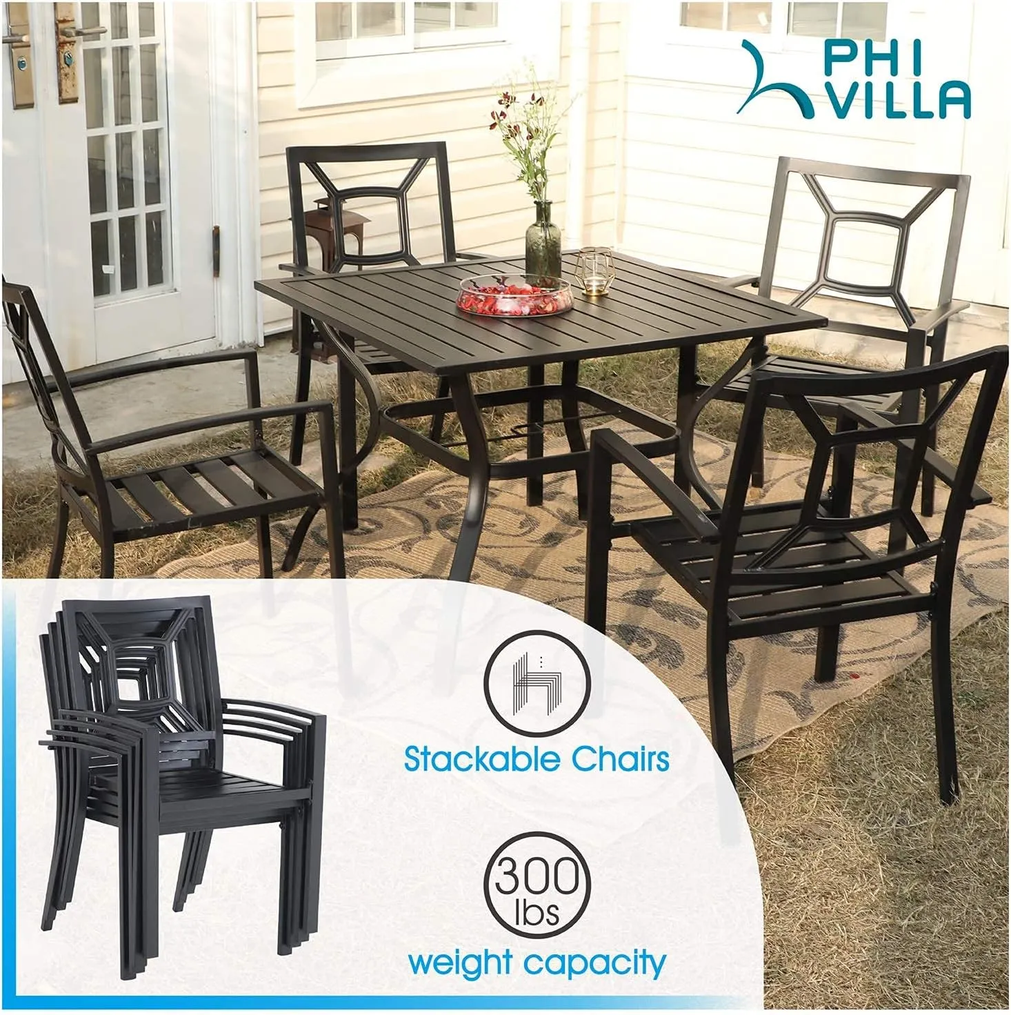 PHI VILLA Metal Outdoor Dining Chairs Set of 4 - Stackable Black Patio Chairs, 300lb Capacity (Square)