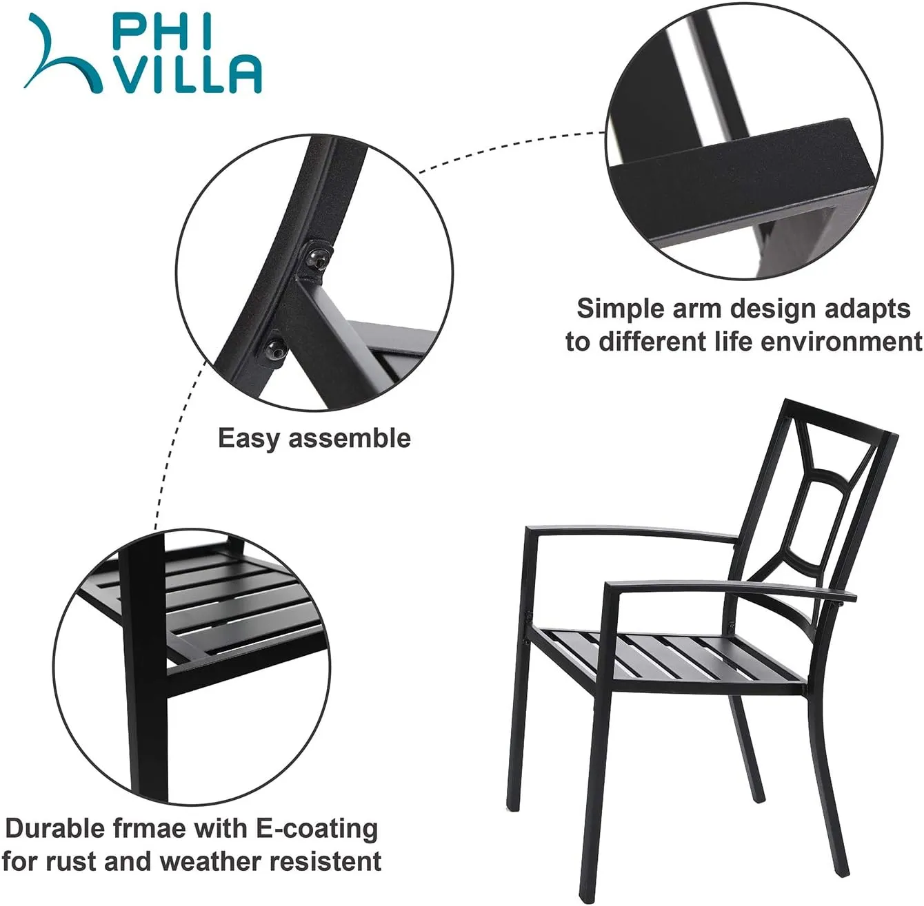 PHI VILLA Metal Outdoor Dining Chairs Set of 4 - Stackable Black Patio Chairs, 300lb Capacity (Square)