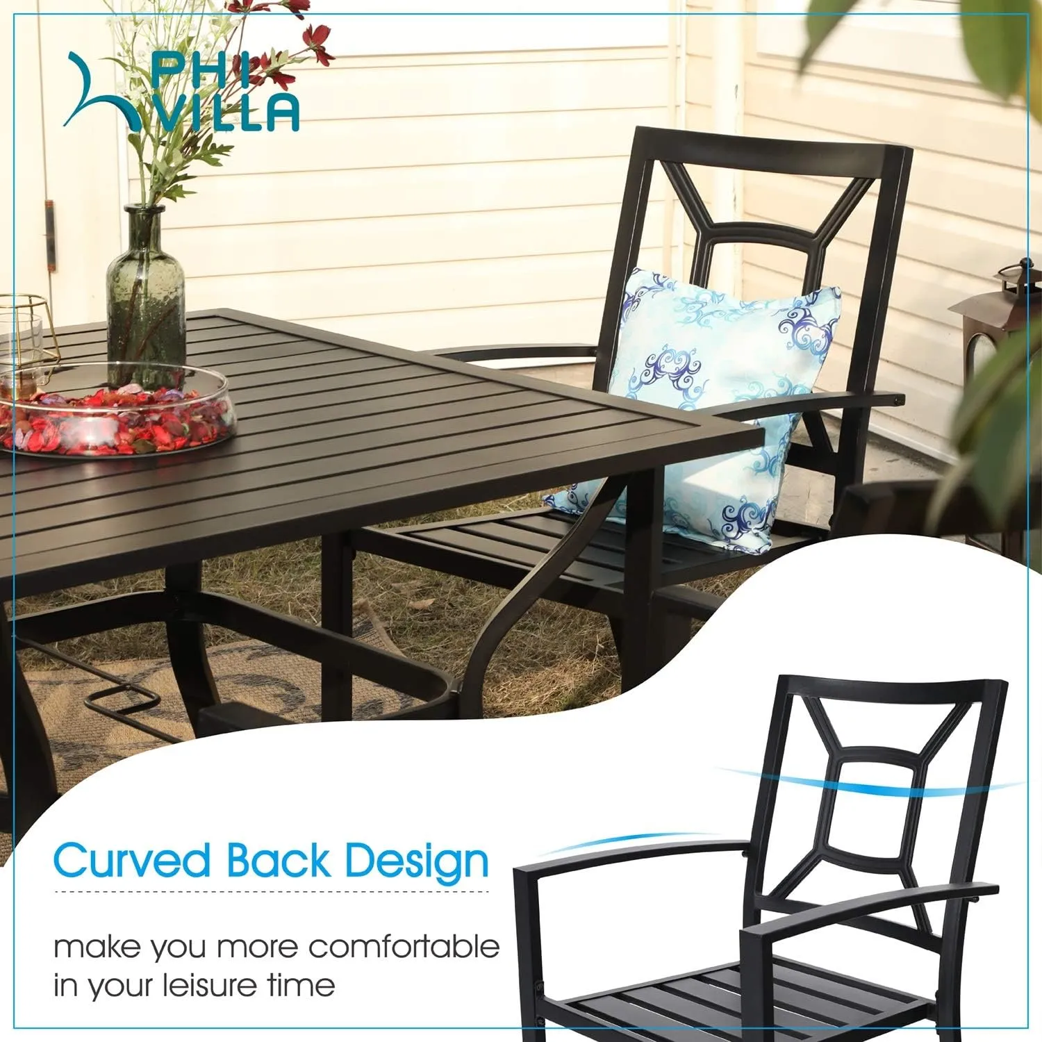 PHI VILLA Metal Outdoor Dining Chairs Set of 4 - Stackable Black Patio Chairs, 300lb Capacity (Square)