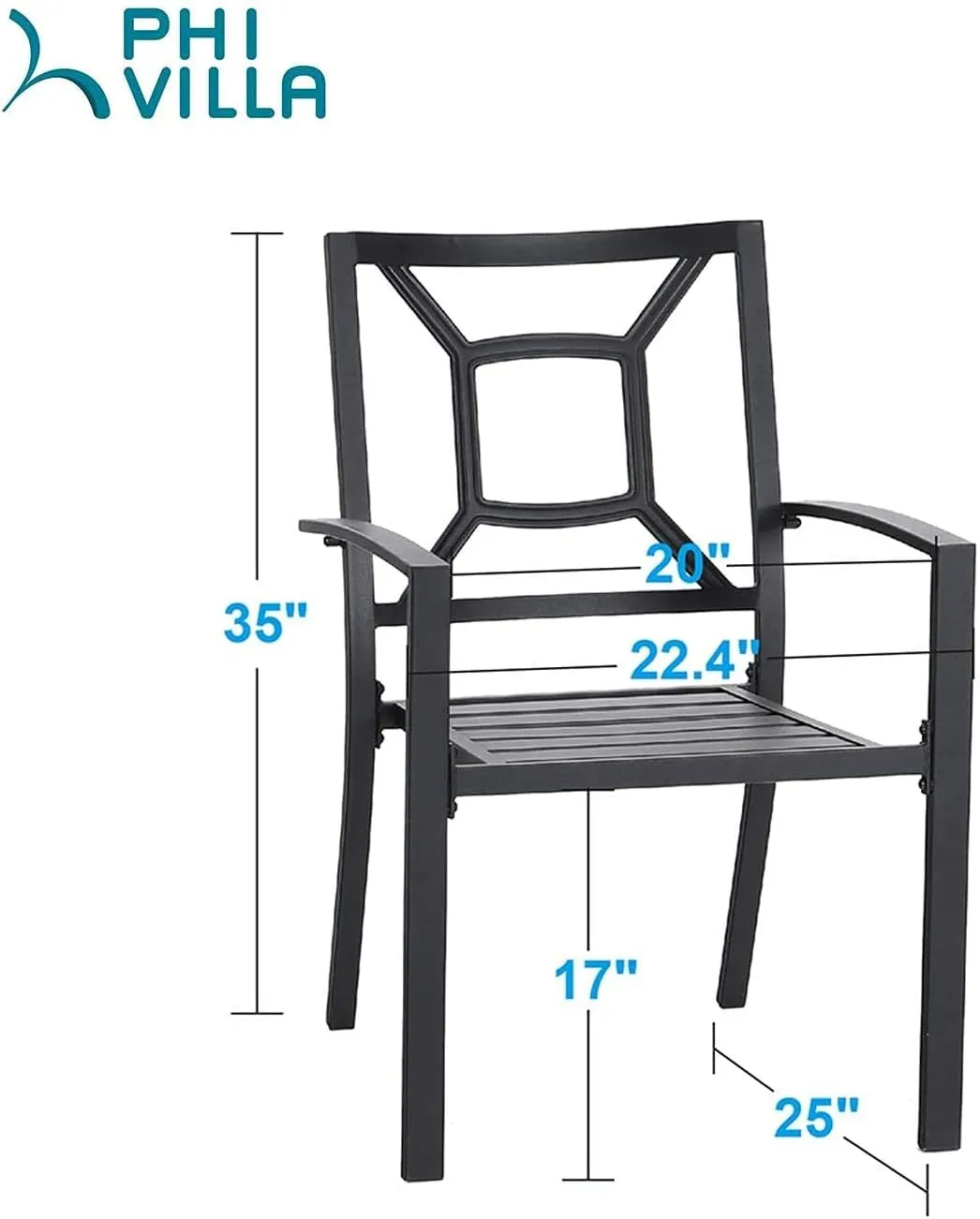 PHI VILLA Metal Outdoor Dining Chairs Set of 4 - Stackable Black Patio Chairs, 300lb Capacity (Square)