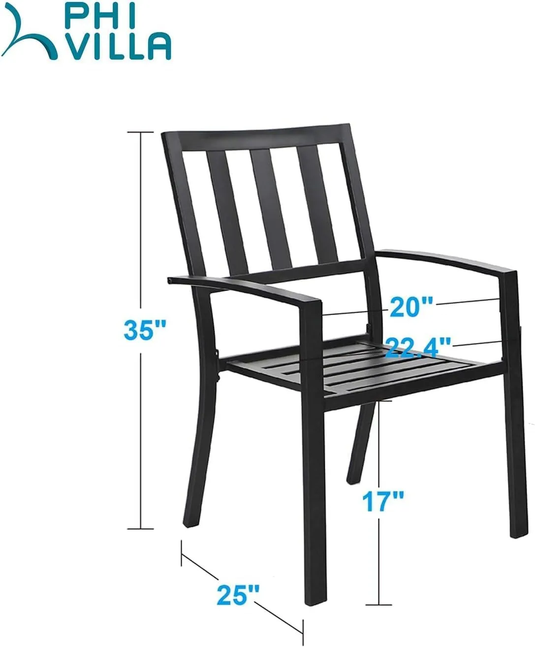 PHI VILLA Metal Outdoor Dining Chairs Set of 4 - Stackable Black Patio Chairs, 300lb Capacity (Stripe)
