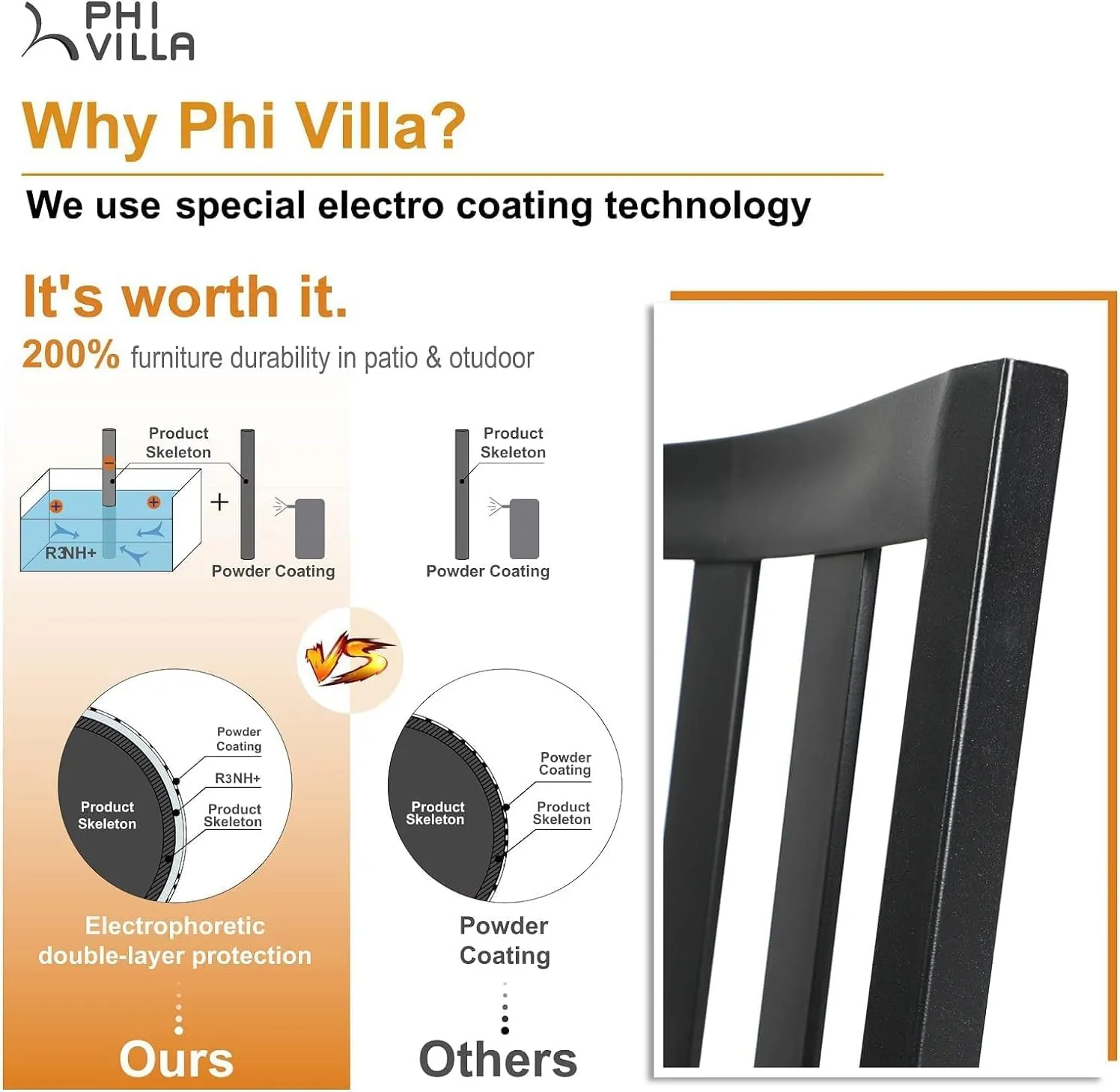 PHI VILLA Metal Outdoor Dining Chairs Set of 4 - Stackable Black Patio Chairs, 300lb Capacity (Stripe)