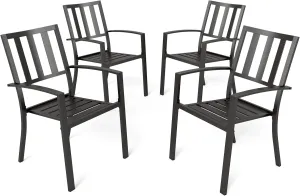 PHI VILLA Metal Outdoor Dining Chairs Set of 4 - Stackable Black Patio Chairs, 300lb Capacity (Stripe)