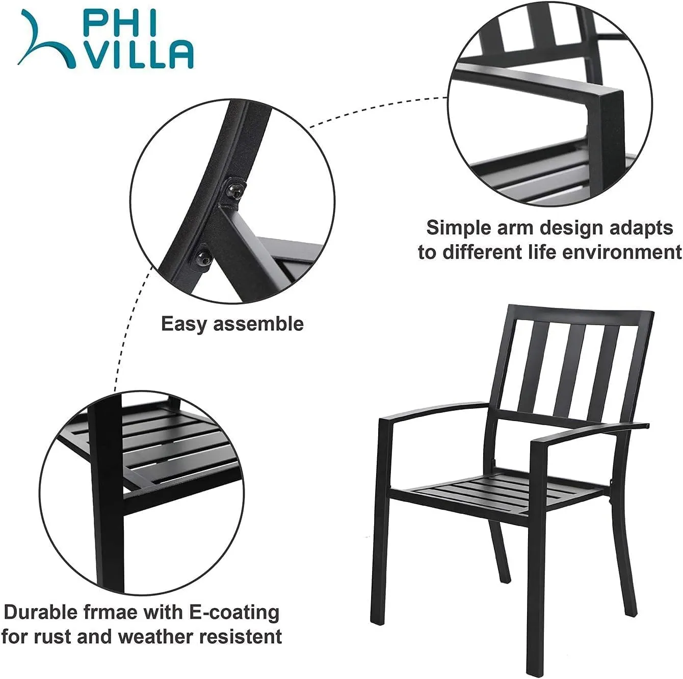 PHI VILLA Metal Outdoor Dining Chairs Set of 4 - Stackable Black Patio Chairs, 300lb Capacity (Stripe)