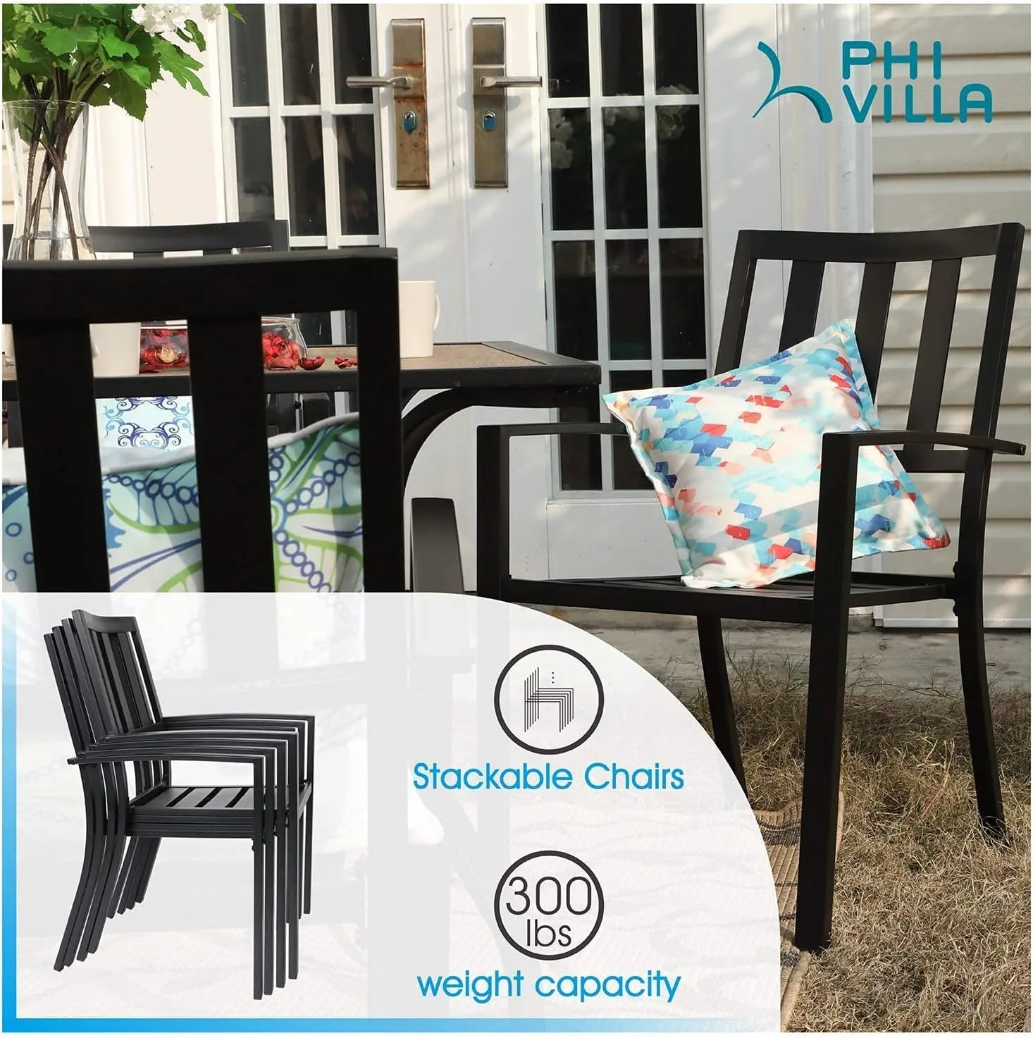 PHI VILLA Metal Outdoor Dining Chairs Set of 4 - Stackable Black Patio Chairs, 300lb Capacity (Stripe)