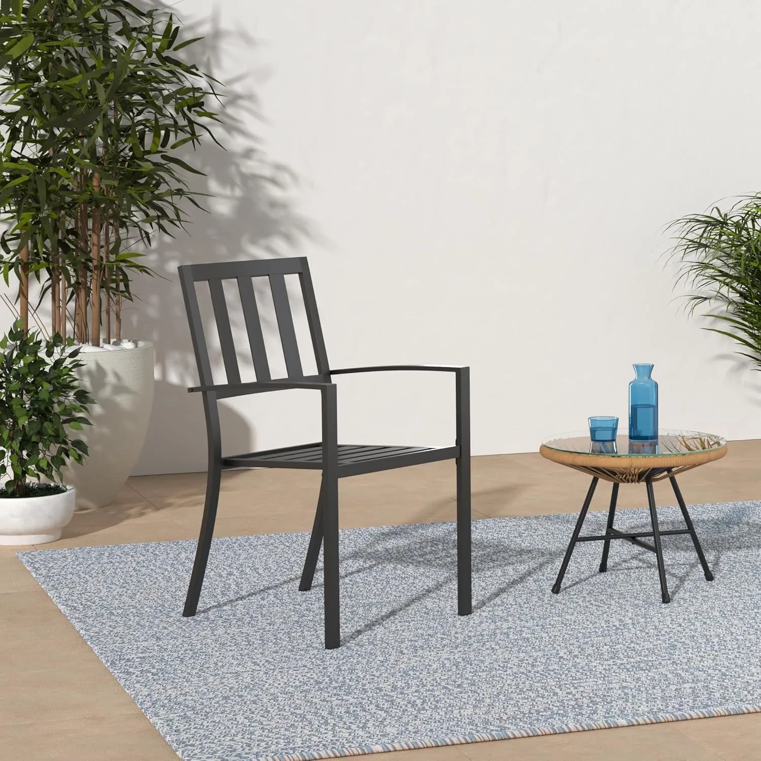 PHI VILLA Metal Outdoor Dining Chairs Set of 4 - Stackable Black Patio Chairs, 300lb Capacity (Stripe)