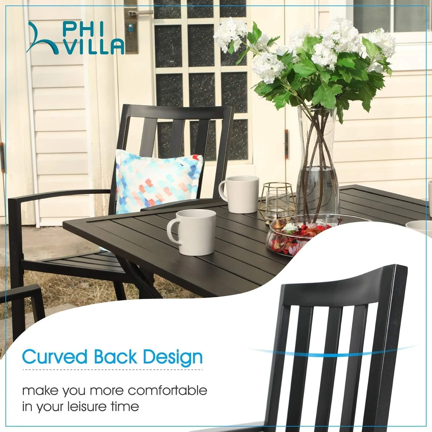 PHI VILLA Metal Outdoor Dining Chairs Set of 4 - Stackable Black Patio Chairs, 300lb Capacity (Stripe)