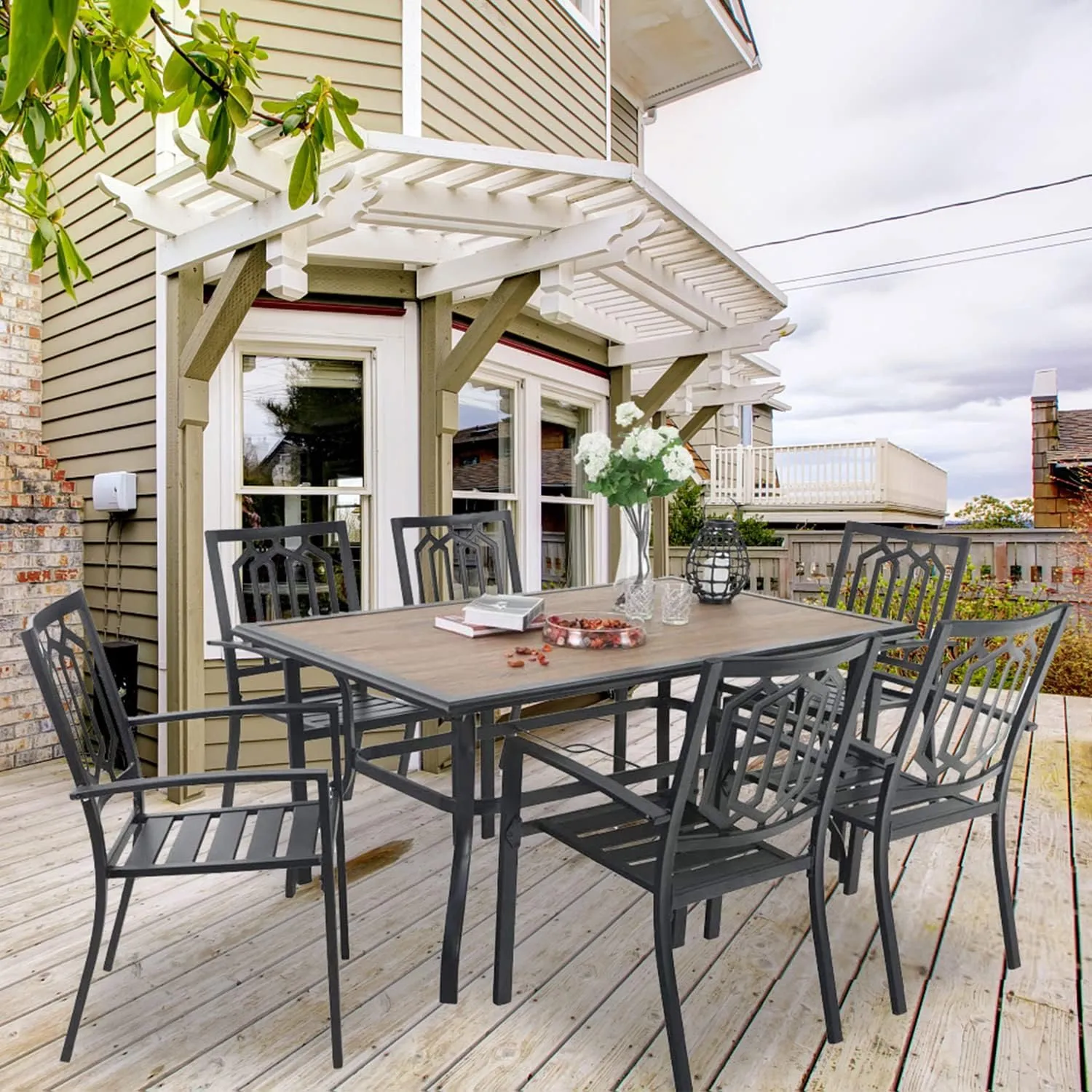 PHI VILLA Set of 6 Stackable Wrought Iron Patio Dining Chairs, Portable Black Outdoor Bistro Deck Metal Chairs, Support 300 lbs, Ideal for Garden, Backyard, Lawn