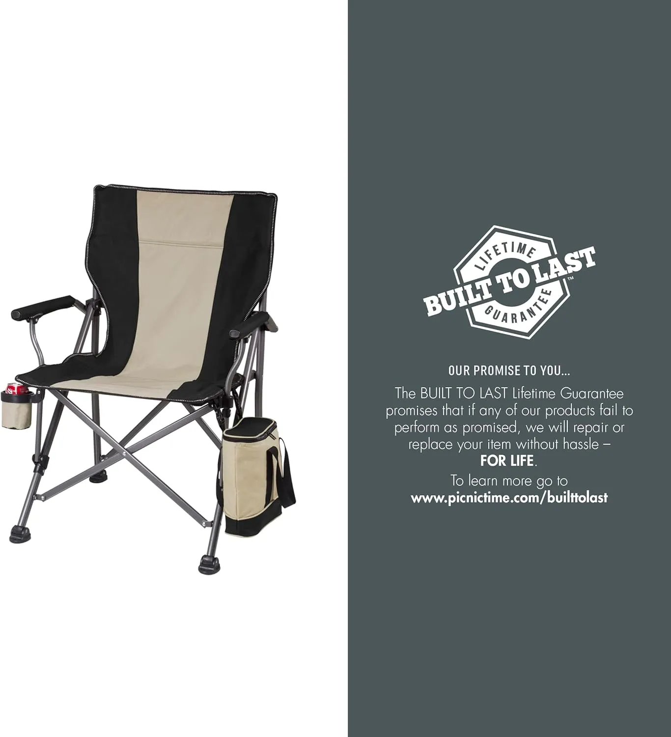 PICNIC TIME Outlander XL Camping Chair with Cooler, Heavy Duty Beach Chair, Outdoor Chair, 400 lb weight capacity, (Black)