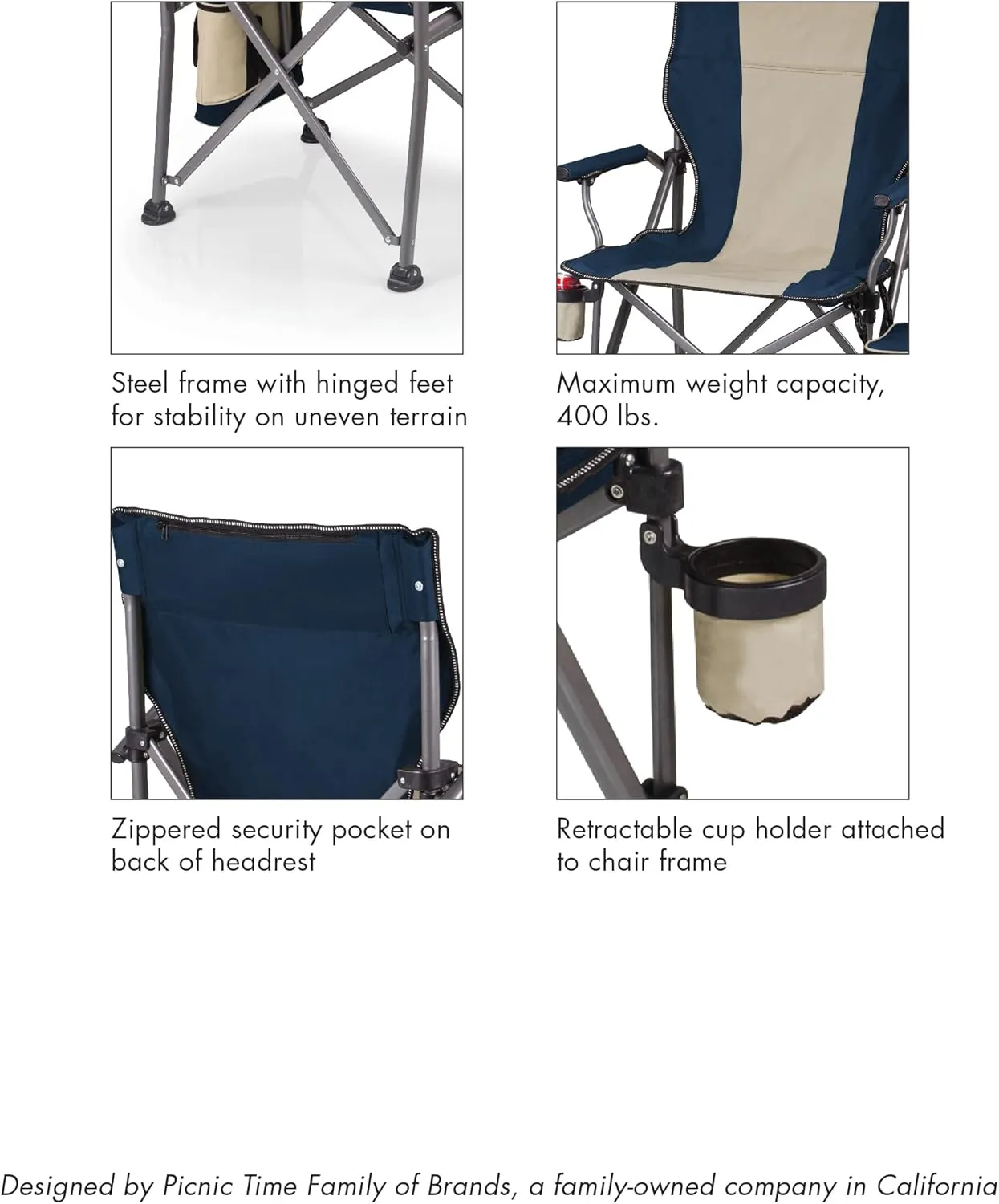 PICNIC TIME Outlander XL Camping Chair with Cooler, Heavy Duty Beach Chair, Outdoor Chair, 400 lb weight capacity, (Black)