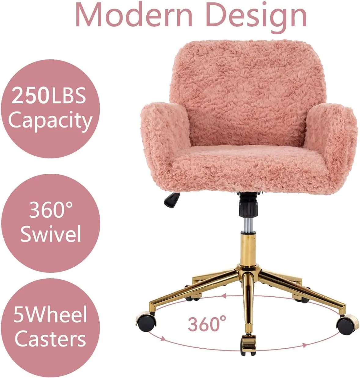 Pink Faux Fur Home Office Chair, Upholstered Elegant Desk Chair for Girls, Swivel With Gold Base, Height Adjustable Tiltable Computer Chair, Cute Makeup Vanity Chair for Kids