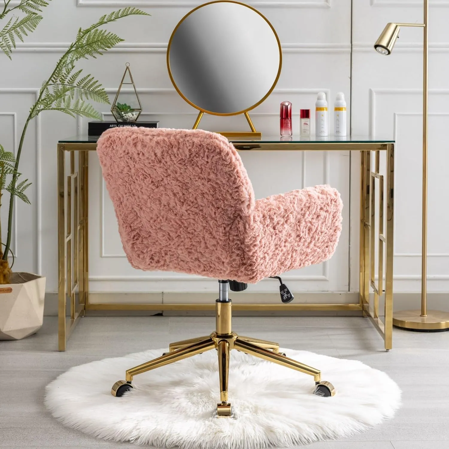 Pink Faux Fur Home Office Chair, Upholstered Elegant Desk Chair for Girls, Swivel With Gold Base, Height Adjustable Tiltable Computer Chair, Cute Makeup Vanity Chair for Kids