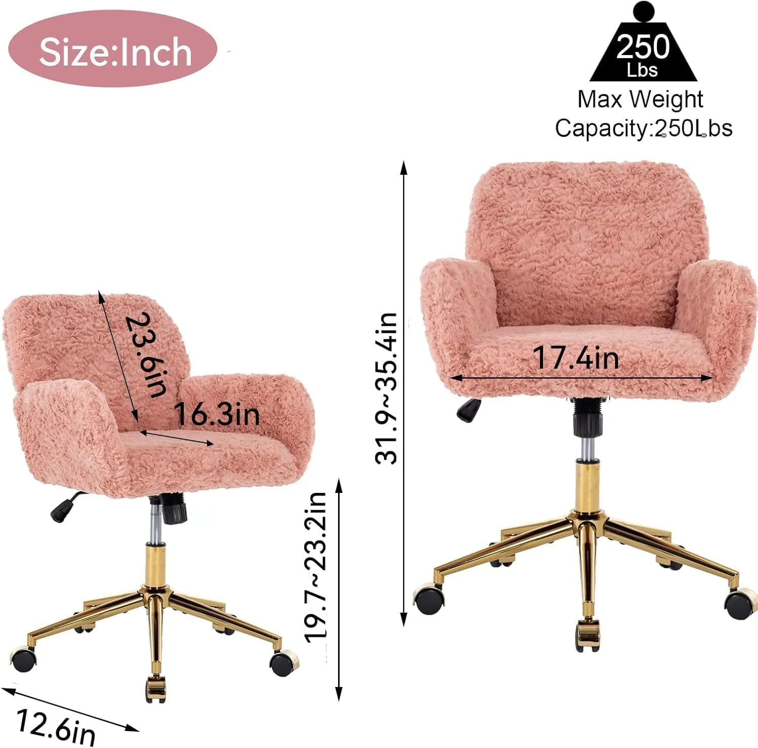 Pink Faux Fur Home Office Chair, Upholstered Elegant Desk Chair for Girls, Swivel With Gold Base, Height Adjustable Tiltable Computer Chair, Cute Makeup Vanity Chair for Kids