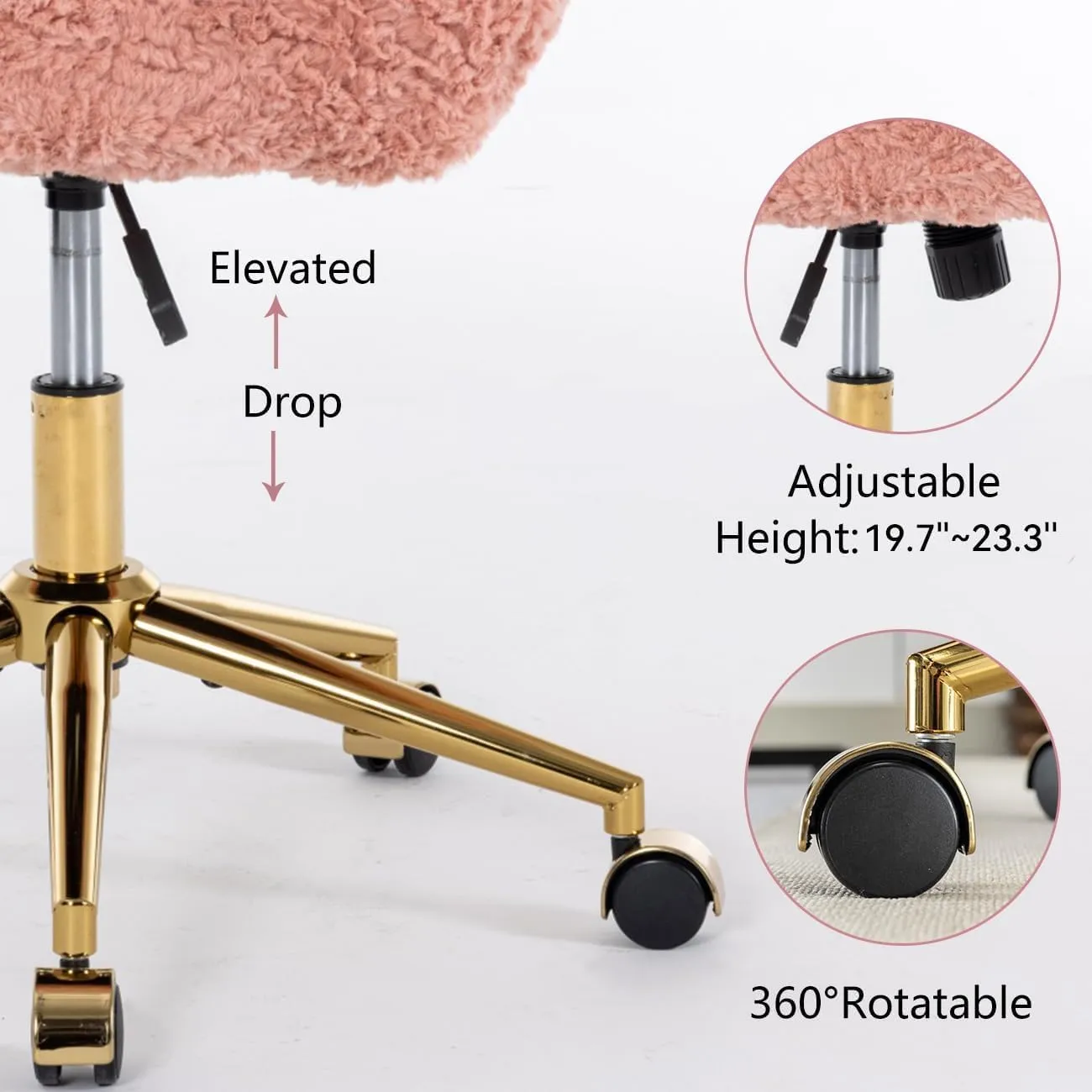 Pink Faux Fur Home Office Chair, Upholstered Elegant Desk Chair for Girls, Swivel With Gold Base, Height Adjustable Tiltable Computer Chair, Cute Makeup Vanity Chair for Kids