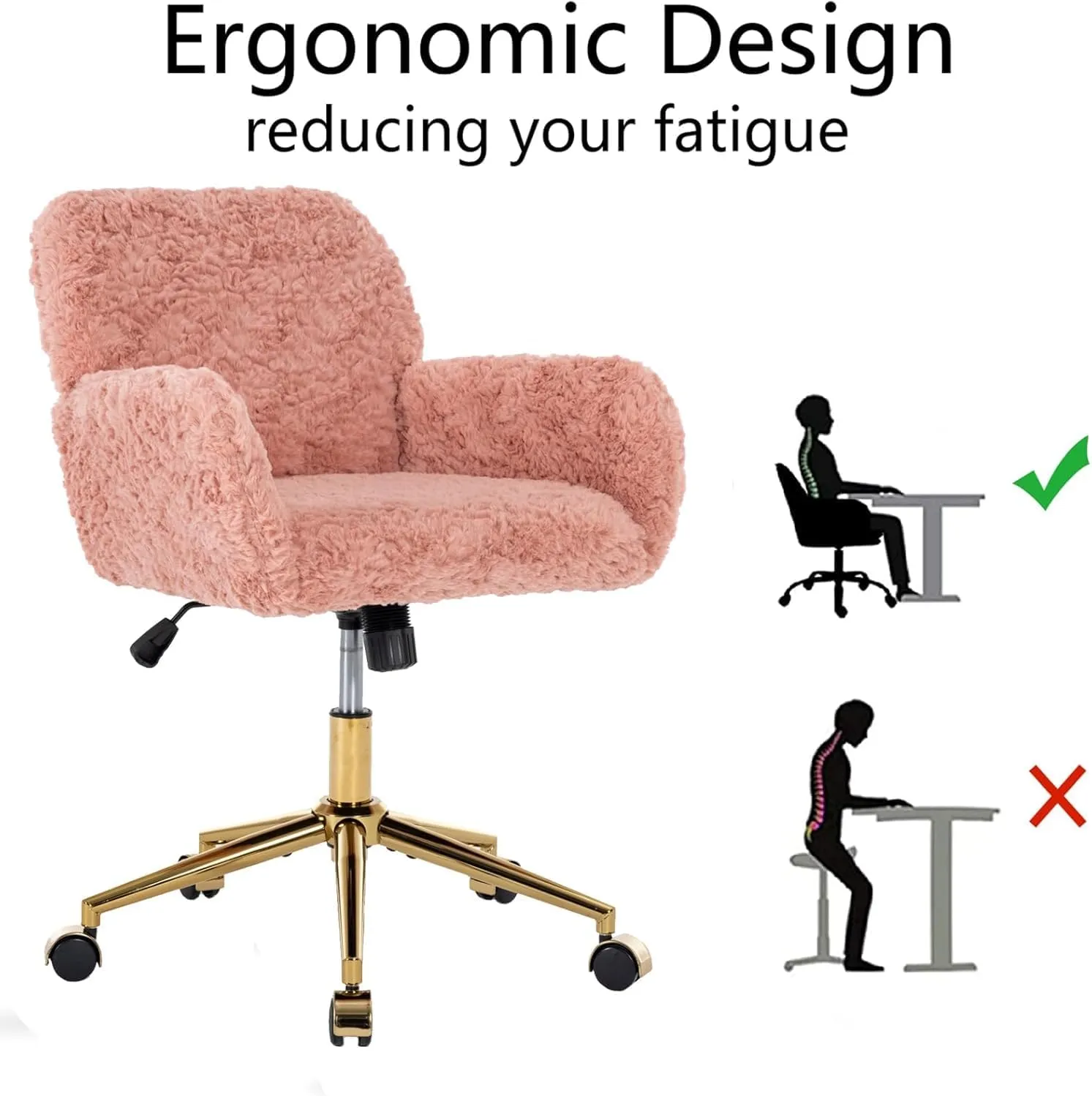 Pink Faux Fur Home Office Chair, Upholstered Elegant Desk Chair for Girls, Swivel With Gold Base, Height Adjustable Tiltable Computer Chair, Cute Makeup Vanity Chair for Kids