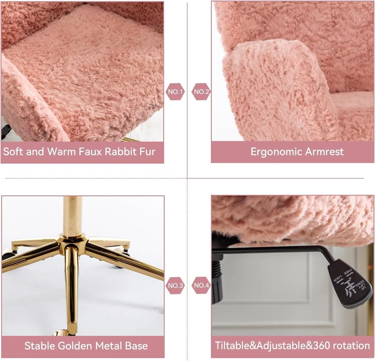 Pink Faux Fur Home Office Chair, Upholstered Elegant Desk Chair for Girls, Swivel With Gold Base, Height Adjustable Tiltable Computer Chair, Cute Makeup Vanity Chair for Kids