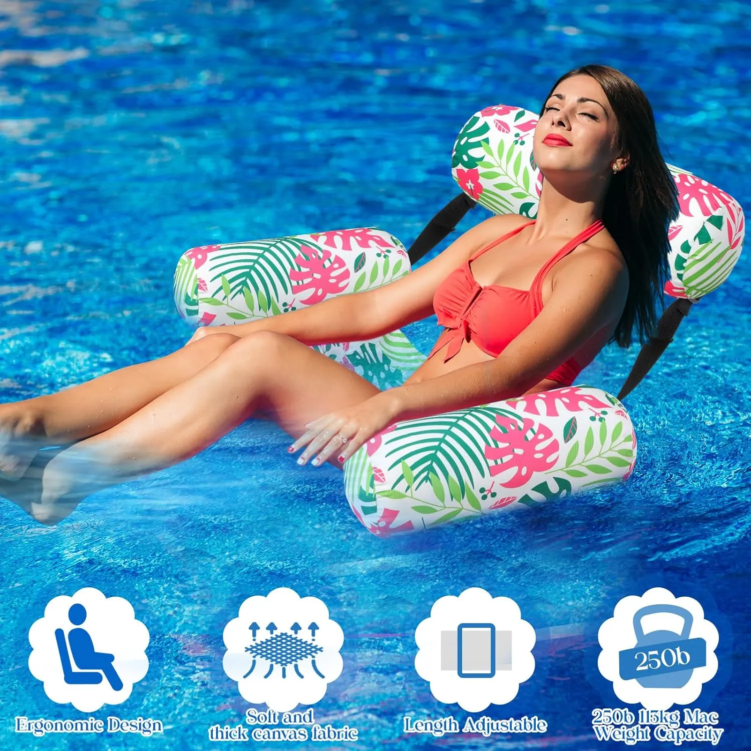 Pool Chair Floats Adult Inflatable Aloha Floating Pool Chairs Water Float Lounger Adjustable Tropical Pattern Cloth Hammock Heavy Duty for Summer Water Beach Lake Party Fun(Pink)