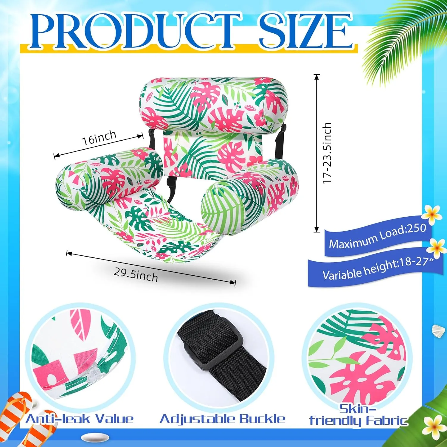 Pool Chair Floats Adult Inflatable Aloha Floating Pool Chairs Water Float Lounger Adjustable Tropical Pattern Cloth Hammock Heavy Duty for Summer Water Beach Lake Party Fun(Pink)