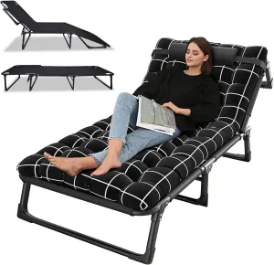 Portable Folding Camping Cot for Adults 4 Position Adjustable Folding Camping Cot Bed Patio Chaise Lounge Chair Portable Sleeping Cots for Beach Lawn Camping Pool Sun Tanning 75cm