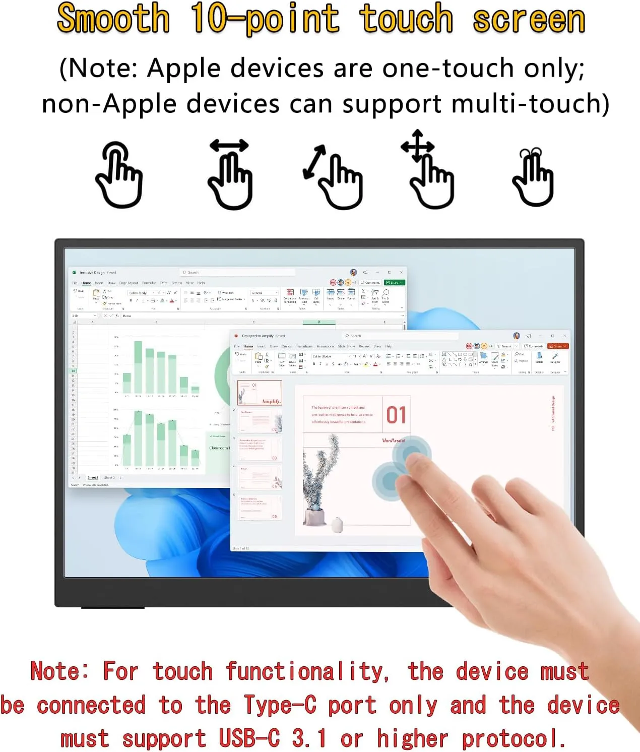 Portable Monitor Touchscreen, 15.6'' 1080P 10-Point FHD IPS HDR Travel Display 100% sRGB,1000:1,w/45° Adjustable Stand & Dual Speakers,HDMI USB C Second External Monitor for Laptop/PC/Mac/Switch/PS4/5